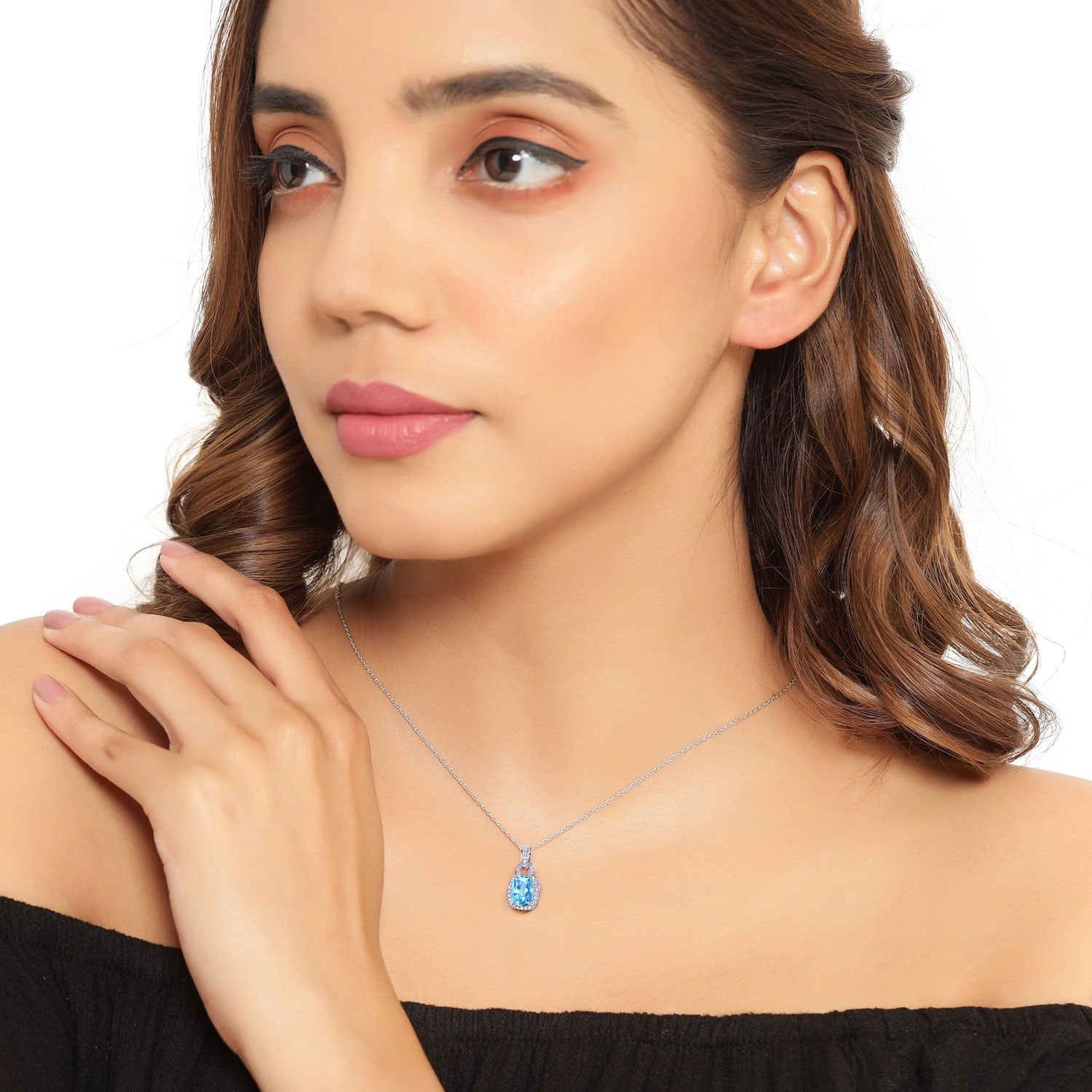 2.88 Ct Genuine Swiss Blue Topaz and Lab Diamond Silver Pendant Necklace