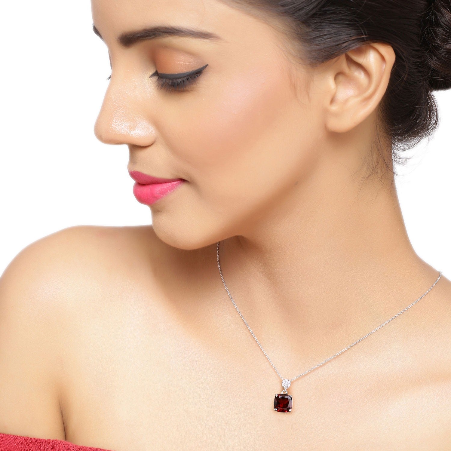 3.57 Ct Genuine Mozambique Garnet and Lab Diamond Silver Cushion Necklace