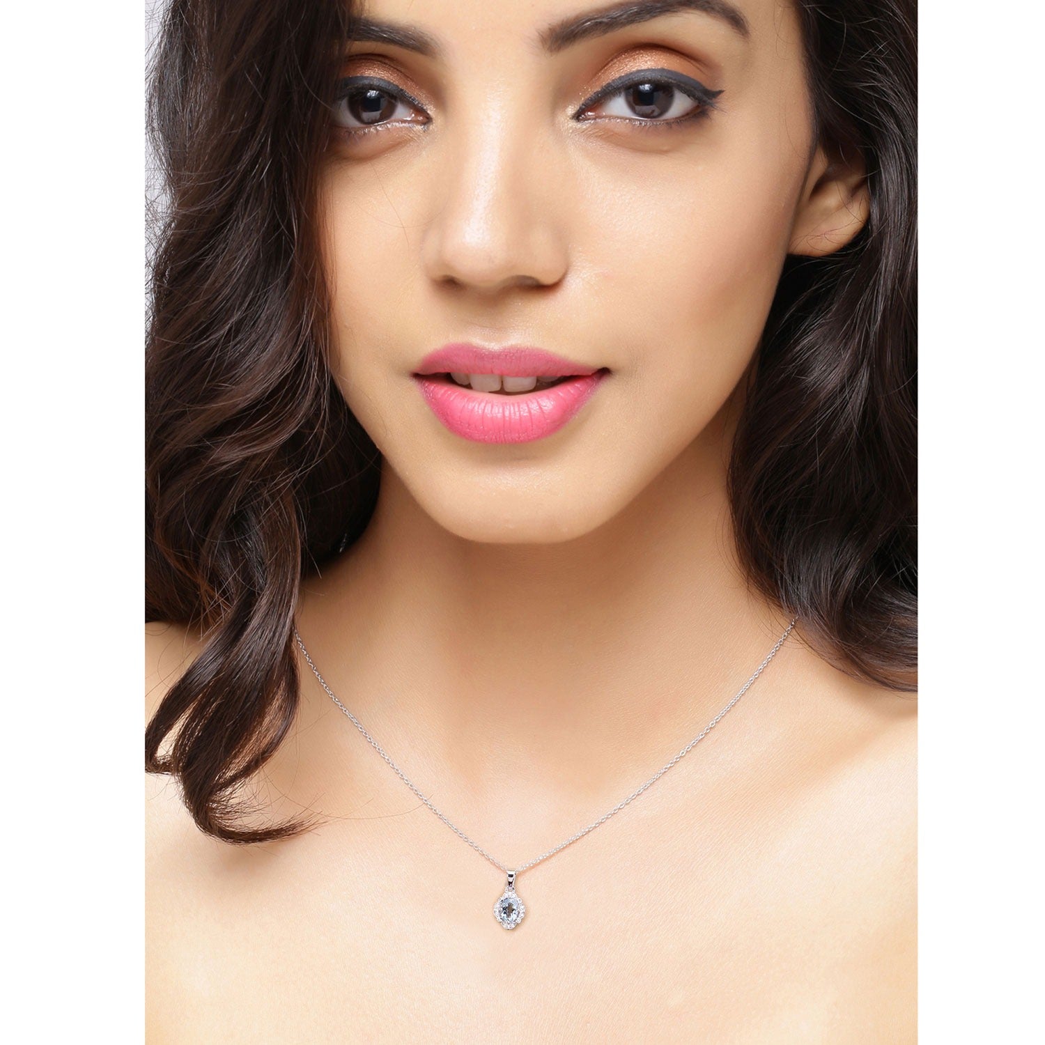 0.66 Ct Genuine Blue Aquamarine and Lab Diamond Silver Halo Necklace