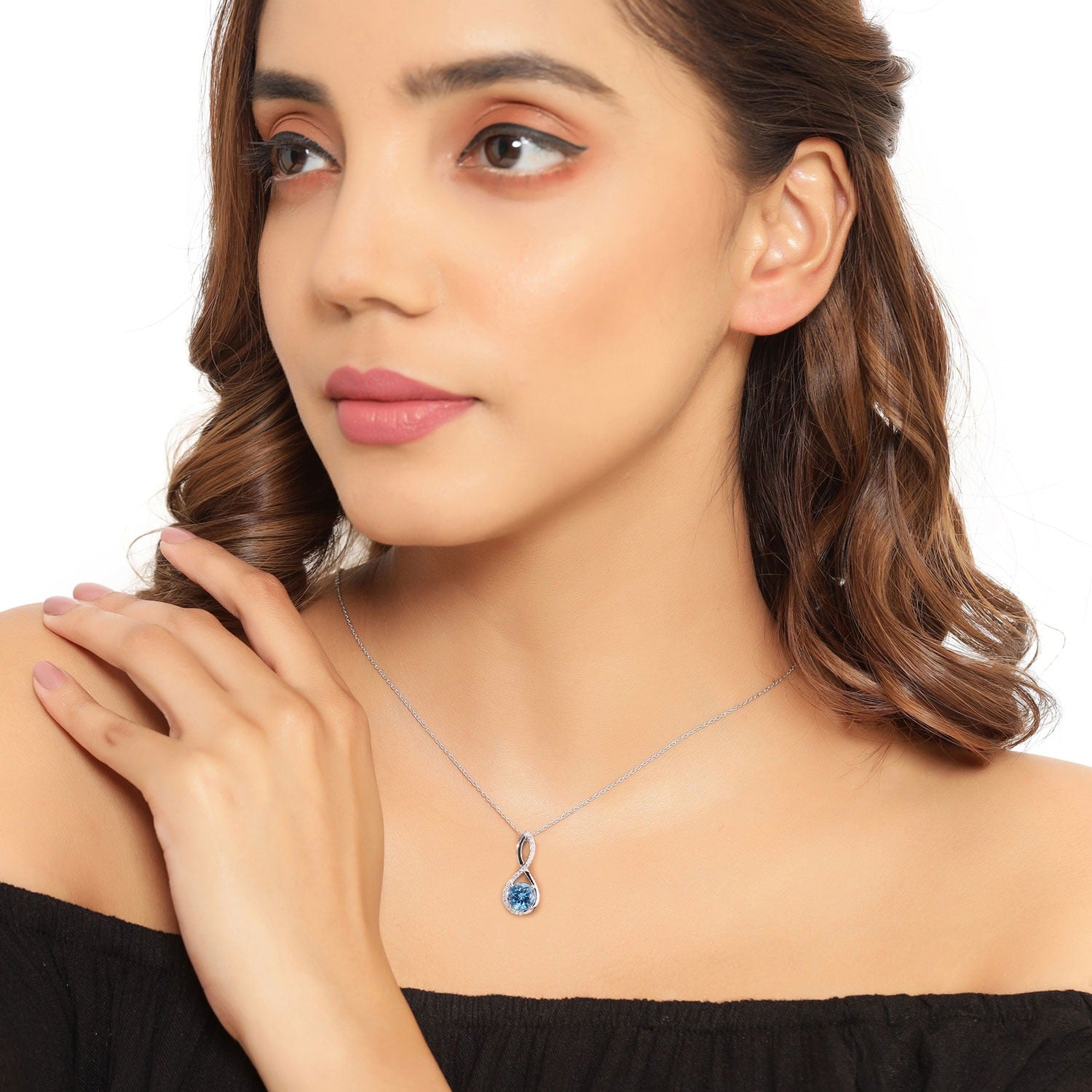 3.99 Ct Genuine Swiss Blue Topaz and Lab Diamond Silver Crossover Pendant Necklace Fine Color Jewels