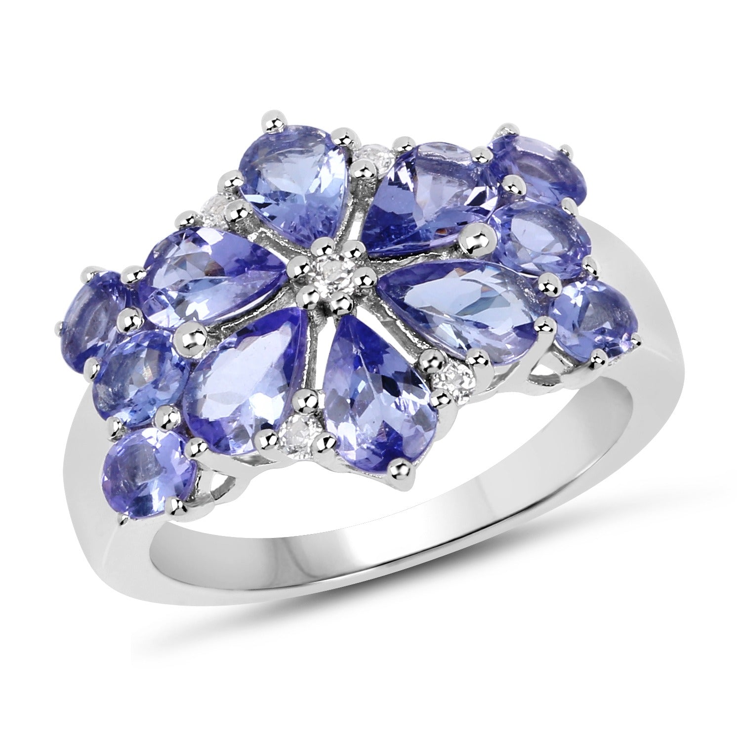 3.36 Ct Pear and Oval Violet Tanzanite and White Topaz Prong Silver Floral Ring