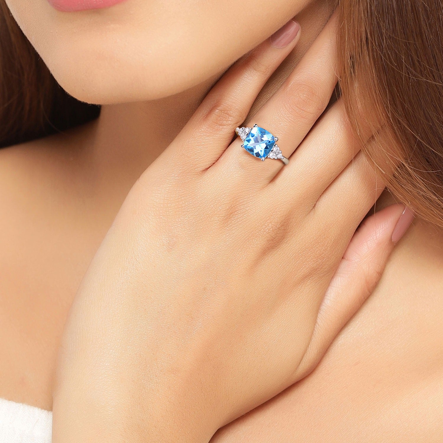 3.61 Ct Genuine Swiss Blue Topaz and Lab Diamond Silver Cushion Cocktail Ring Fine Color Jewels