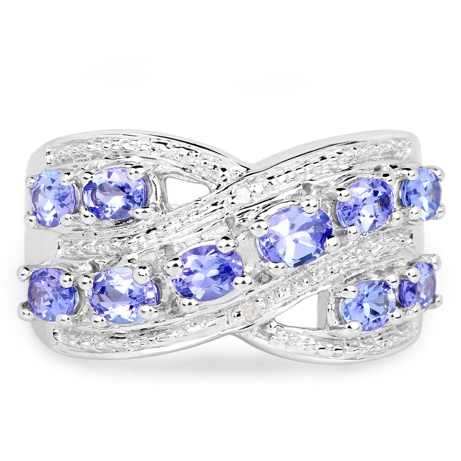 1.71 Ct Violet Tanzanite and White Diamond Prong Silver Pave Crossover Ring