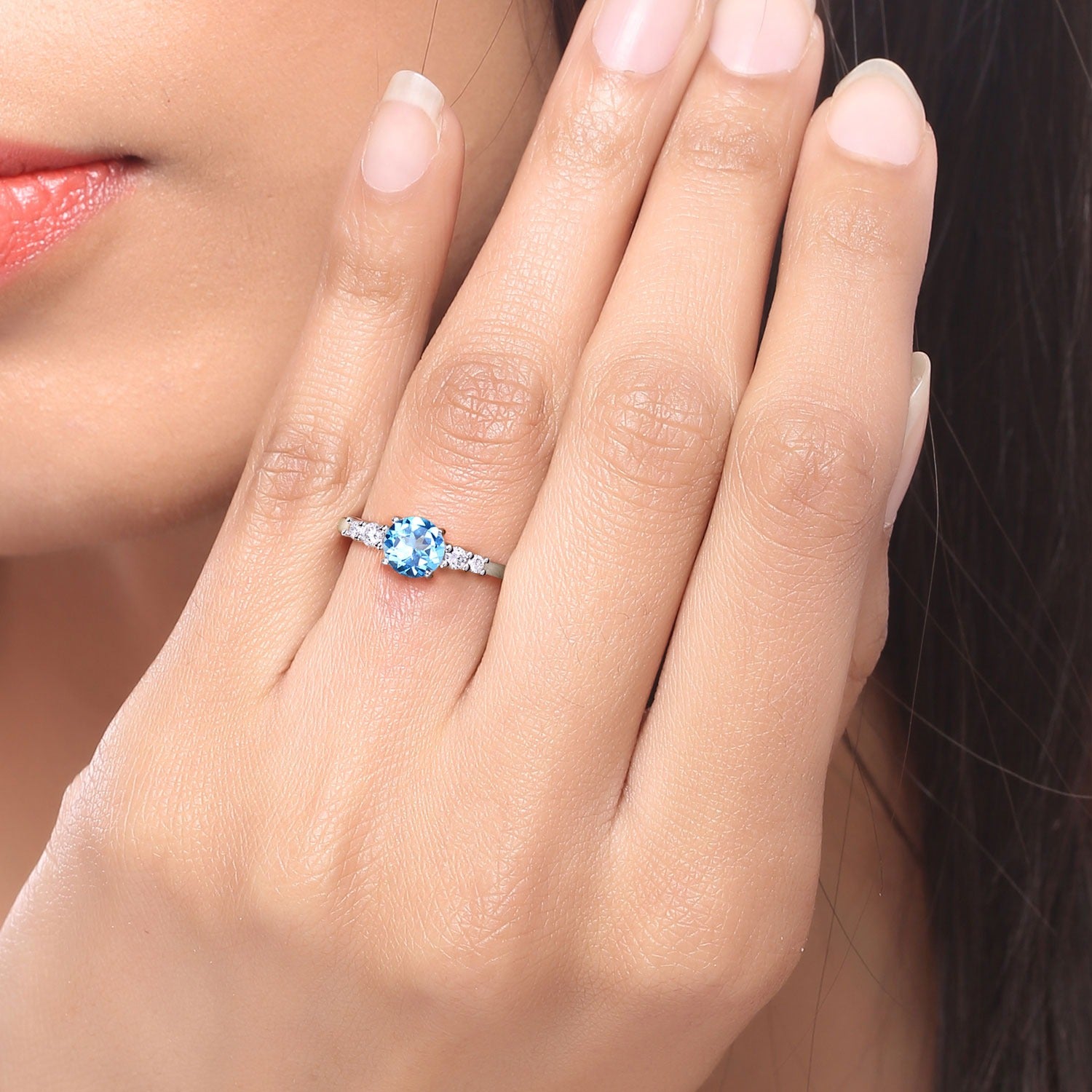 1.39 Ct Genuine Swiss Blue Topaz and Lab Diamond Silver 5 Stone Ring Fine Color Jewels