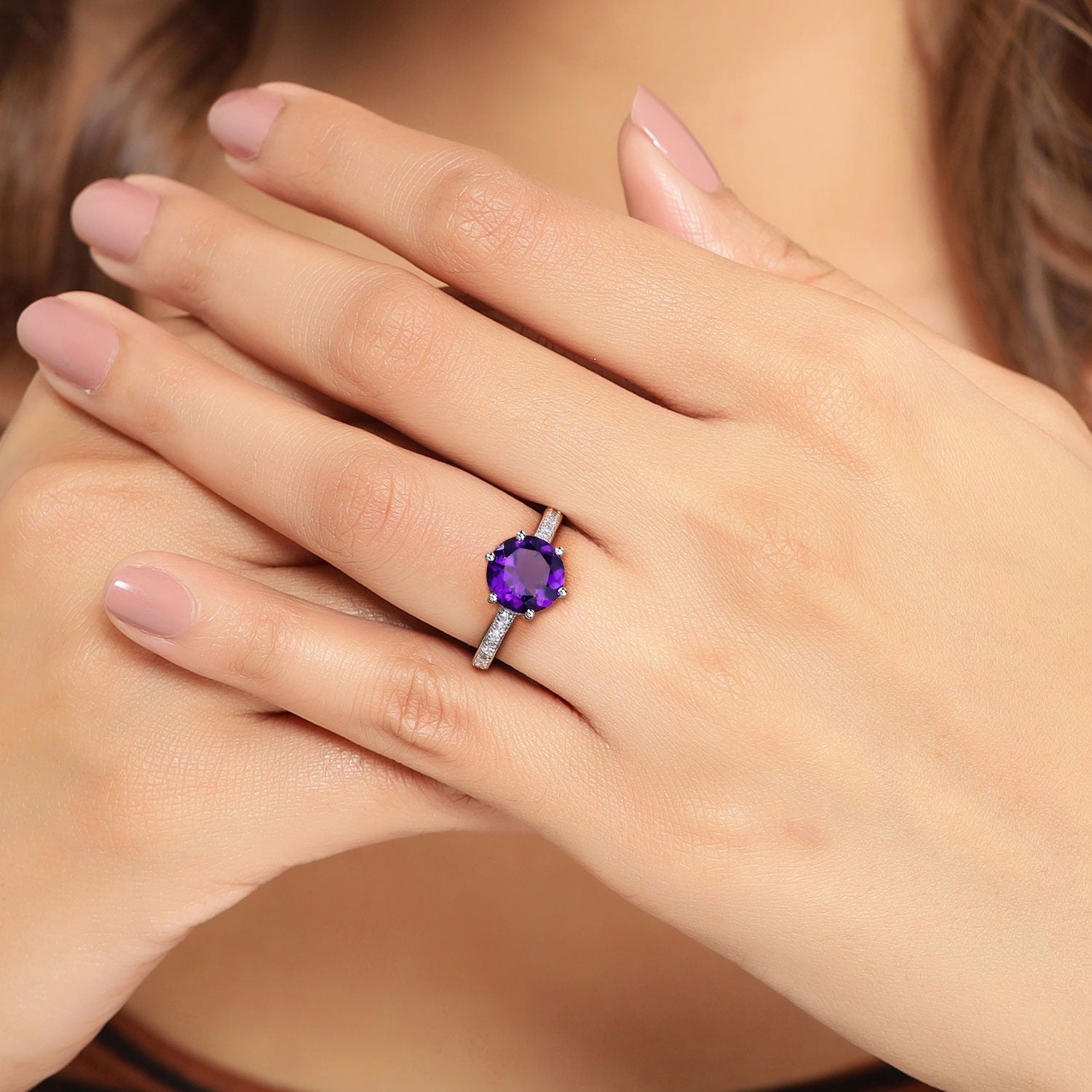 2.56 Ct Genuine Round Amethyst and Lab Grown Diamond Silver Bridge Ring