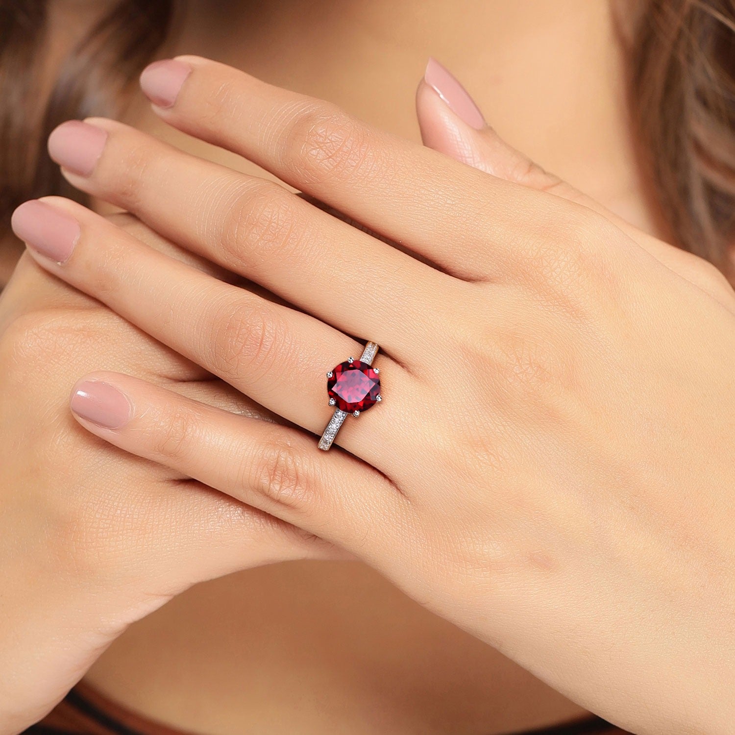 3.41 Ct Genuine Red Garnet and Lab Diamond Silver Round Bridge Ring Fine Color Jewels