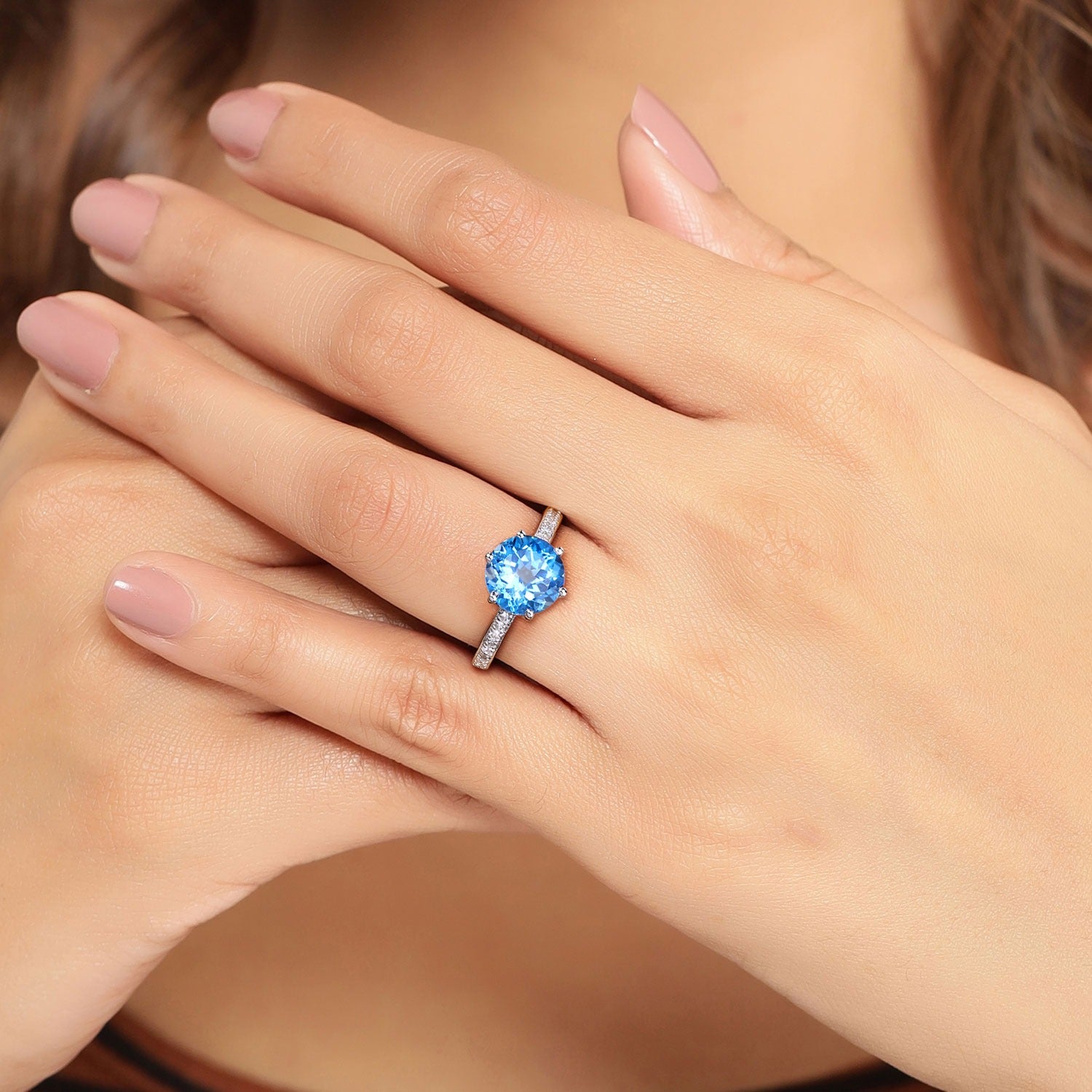 3.91 Ct Genuine Swiss Blue Topaz and Lab Diamond Silver Round Bridge Ring Fine Color Jewels