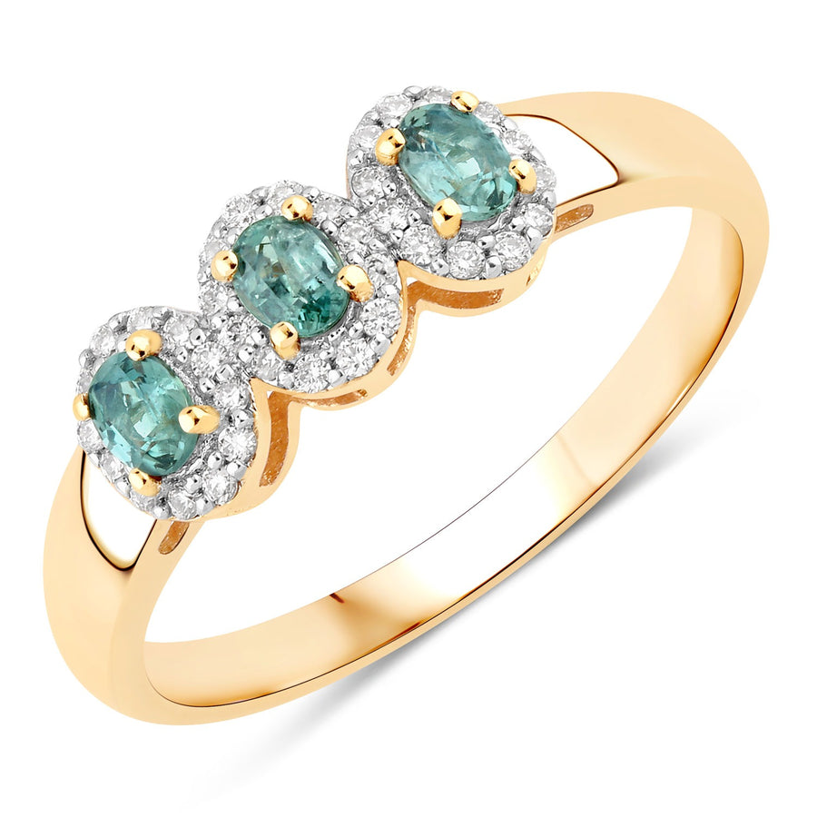 0.46 Ct Green Genuine Alexandrite and Diamond 18K Yellow Gold Three Stone Halo Ring