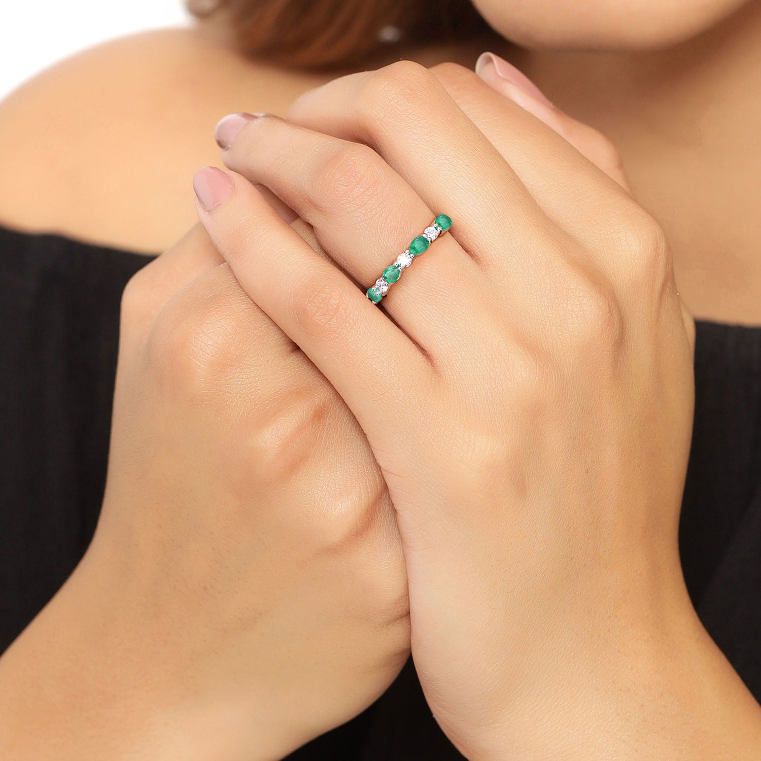 0.74 Ct Genuine Zambian Emerald and Lab Diamond Silver Eternity Ring Fine Color Jewels