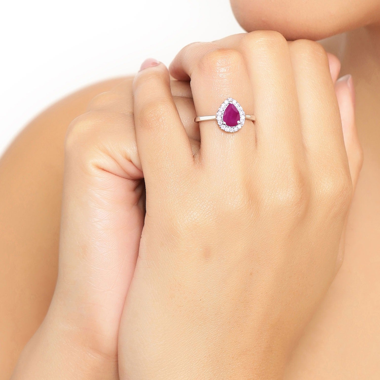 0.94 Ct Genuine Pink Ruby and Lab Diamond Sterling Silver Halo Ring