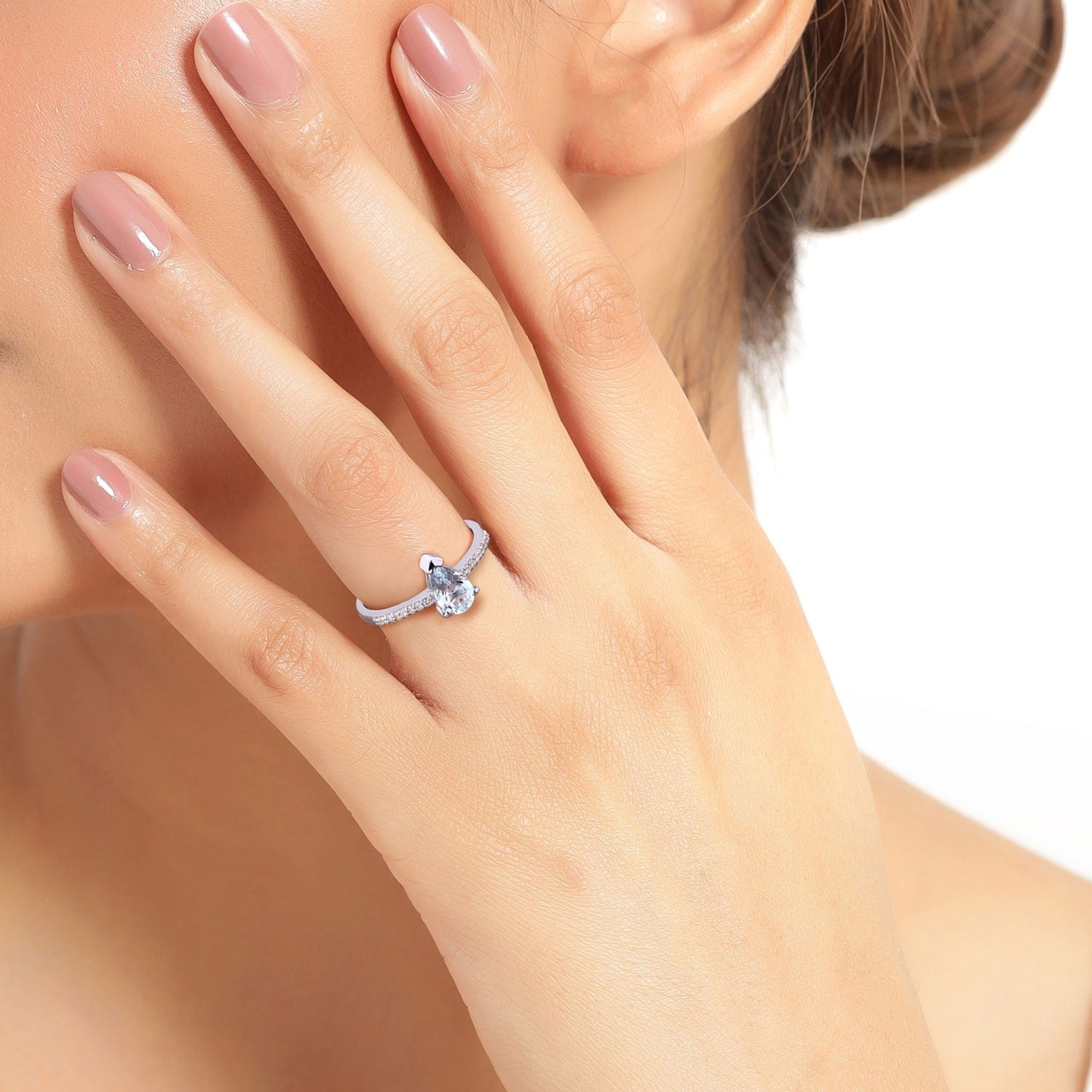 0.90 Ct Genuine Blue Aquamarine and Lab Diamond Sterling Silver Teardrop Ring