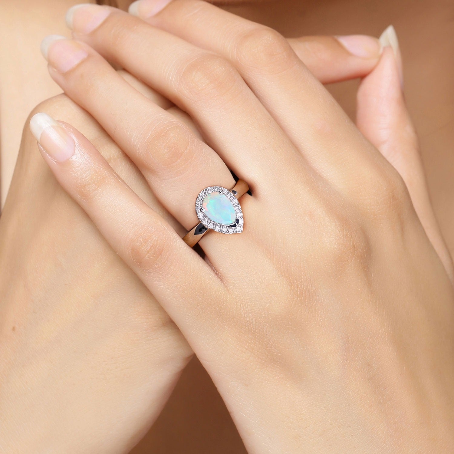 1.08 Ct Genuine Ethiopian Opal and Lab Diamond Silver Teardrop Ring