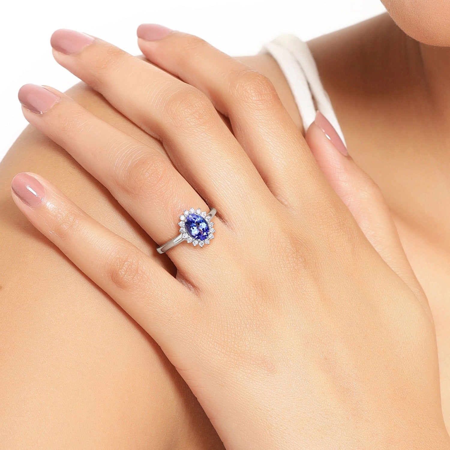 0.91 Ct Genuine Oval Tanzanite and Lab Diamond Silver Halo Ring Fine Color Jewels