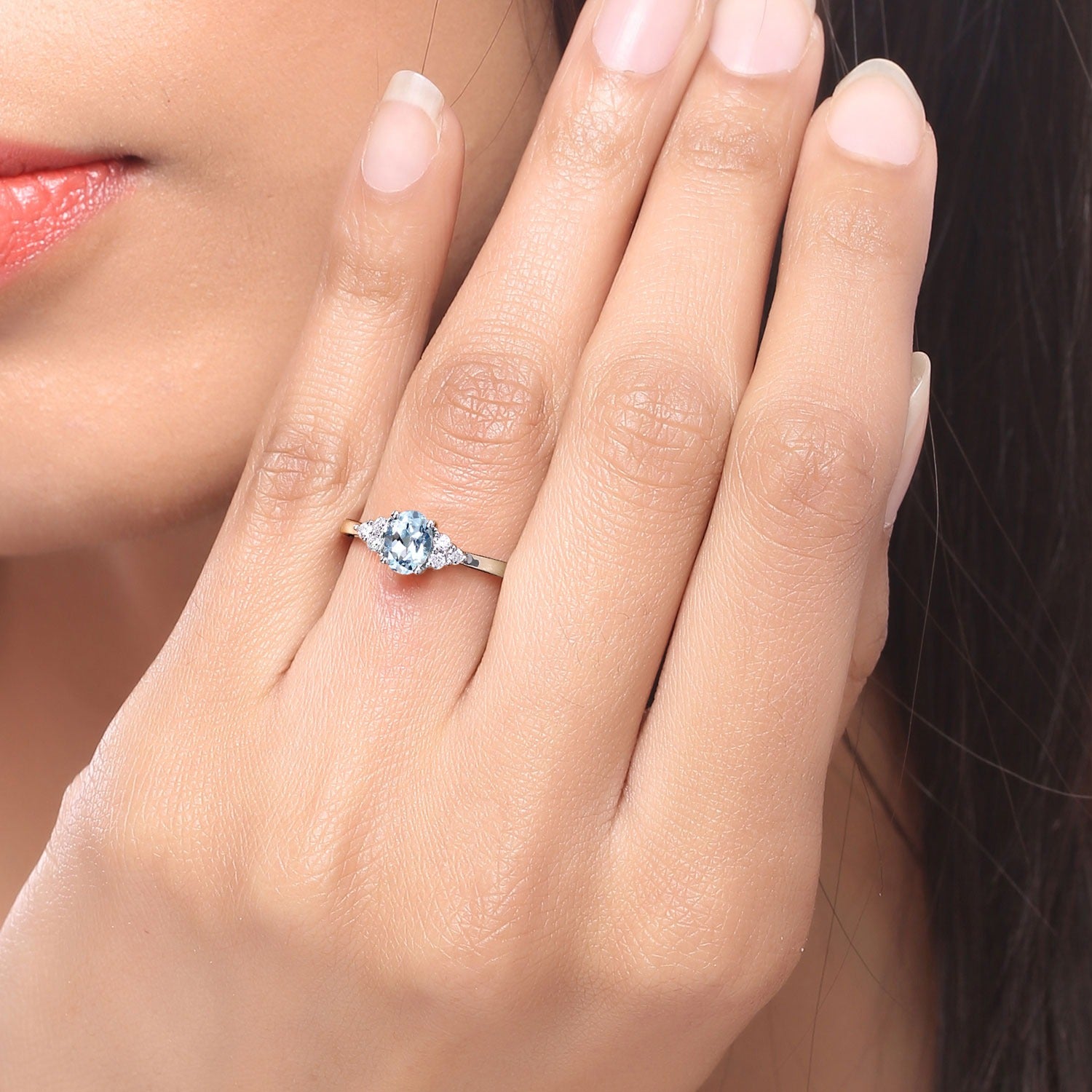 0.75 Ct Genuine Aquamarine and Lab Diamond Silver Oval Cocktail Ring Fine Color Jewels