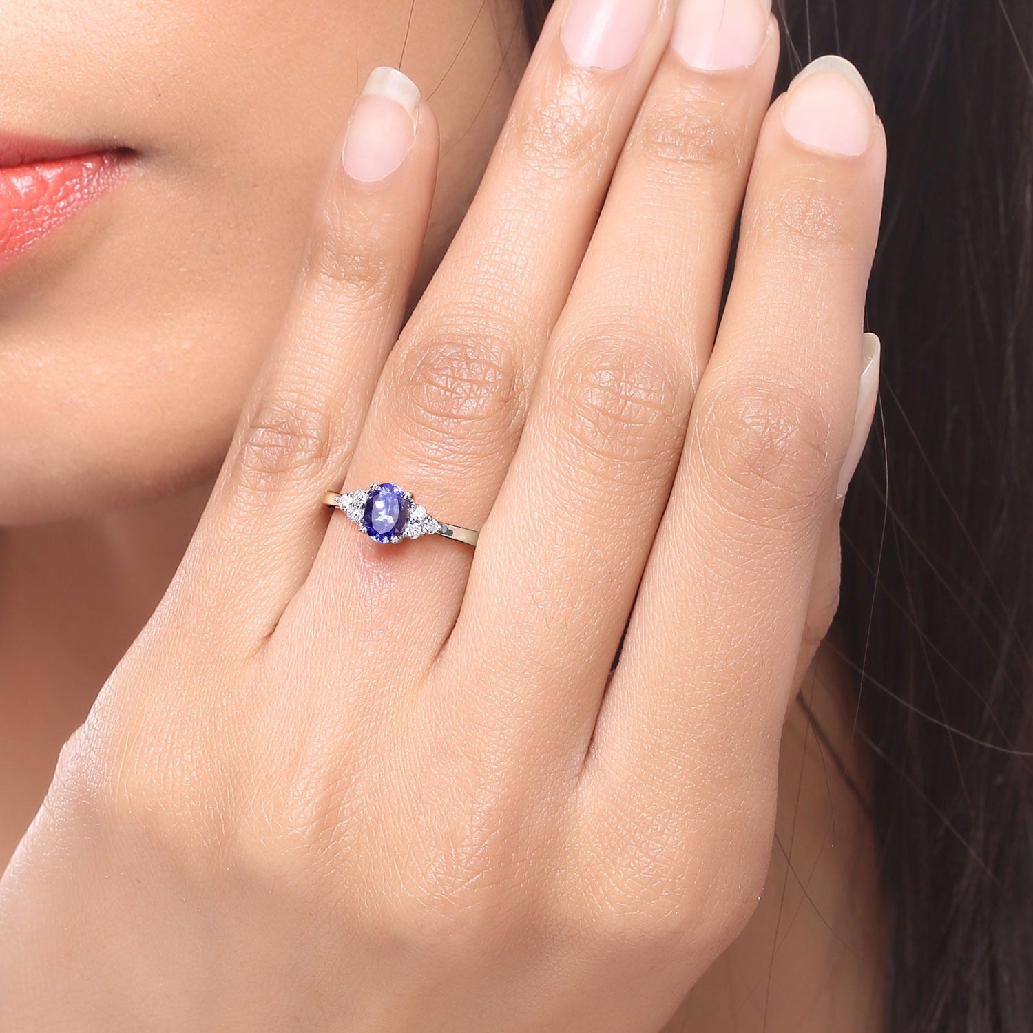 0.90 Ct Genuine Tanzanite and Lab Diamond Silver Oval Cocktail Ring Fine Color Jewels