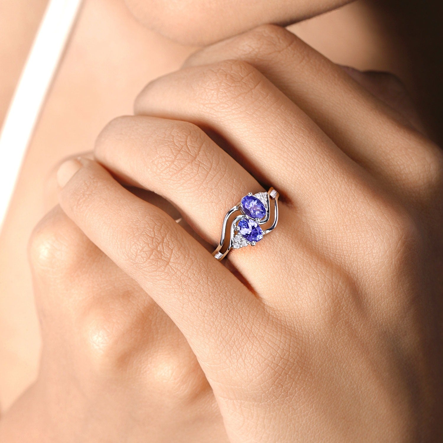 0.97 Ct Genuine Tanzanite and Lab Diamond Silver Bypass Promise Ring Fine Color Jewels