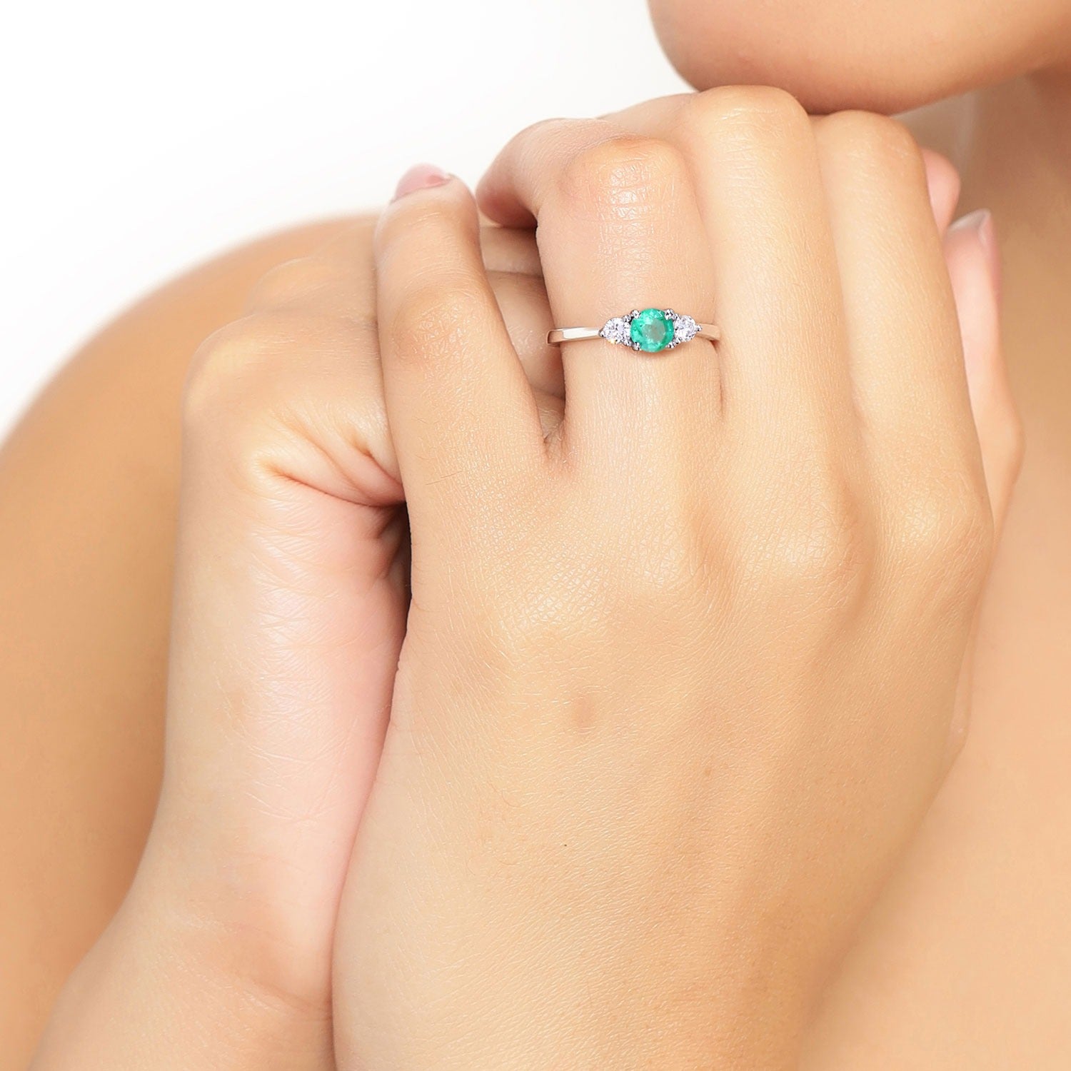 0.64 Ct Genuine Zambian Emerald and Lab Diamond Silver 3 Stone Ring Fine Color Jewels