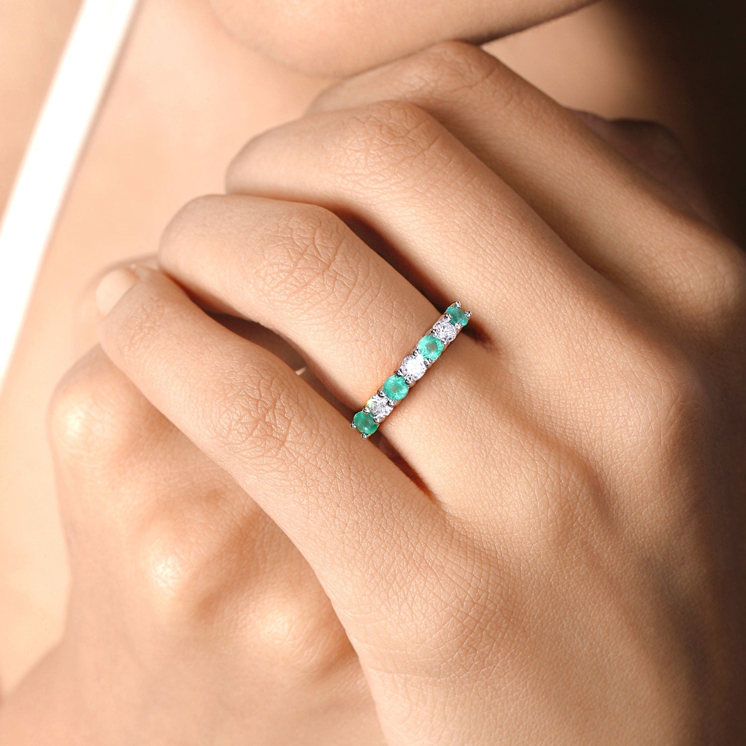 0.73 Ct Genuine Zambian Emerald and Lab Diamond Silver Eternity Ring Fine Color Jewels