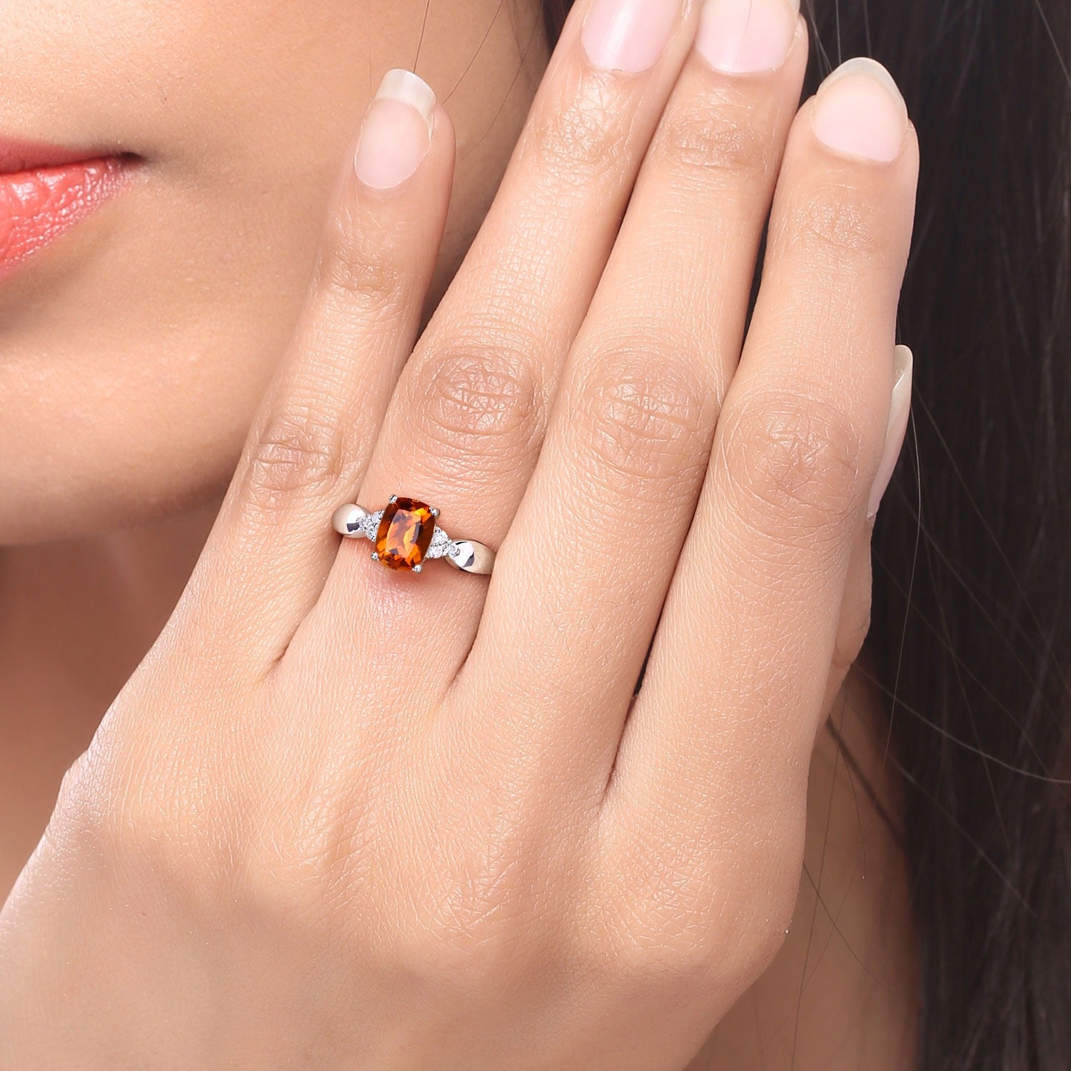 1.39 Ct Genuine Madeira Citrine and Lab Diamond Silver Cushion Cut Cocktail Ring Fine Color Jewels