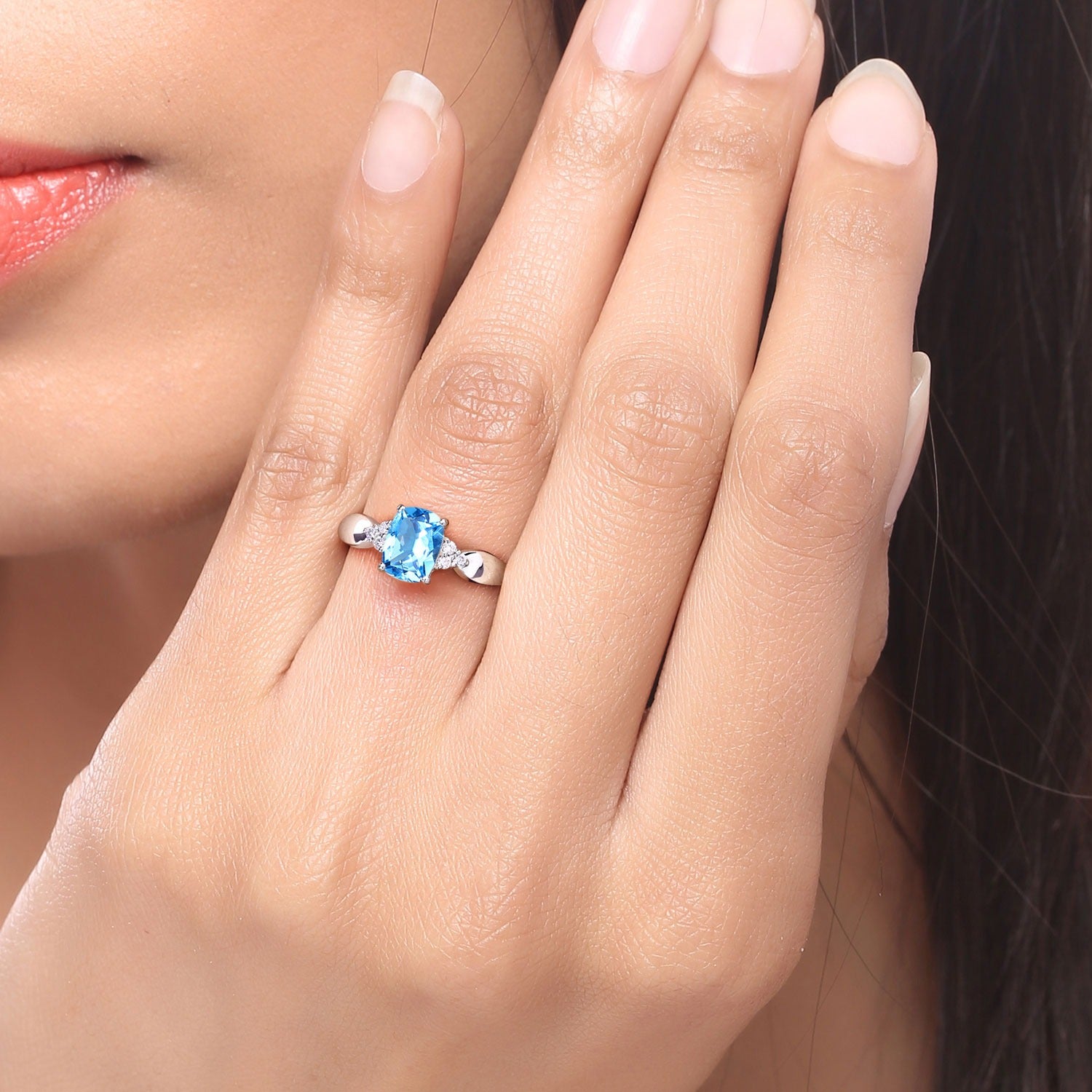 1.60 Ct Genuine Swiss Blue Topaz and Lab Diamond Silver Cushion Cut Cocktail Ring Fine Color Jewels
