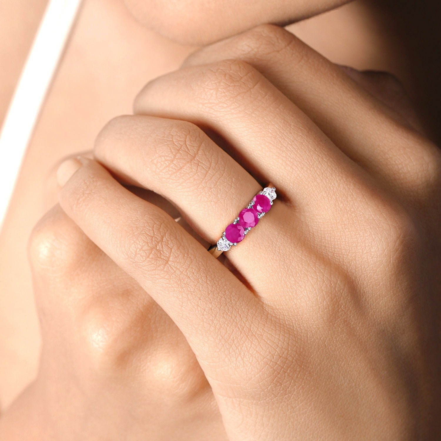 1.03 Ct Genuine Mozambique Ruby and Lab Diamond 5 Stone Ring Fine Color Jewels