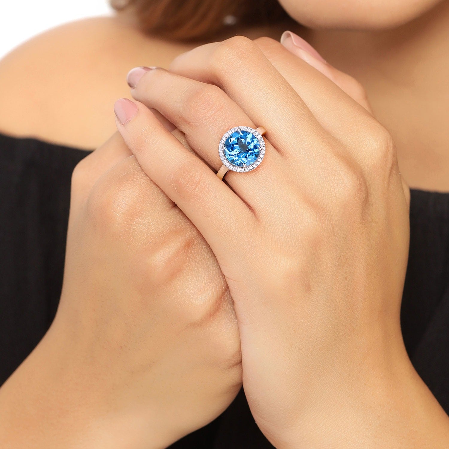 4.19 Ct Genuine Round Swiss Blue Topaz and Lab Diamond Silver Halo Ring