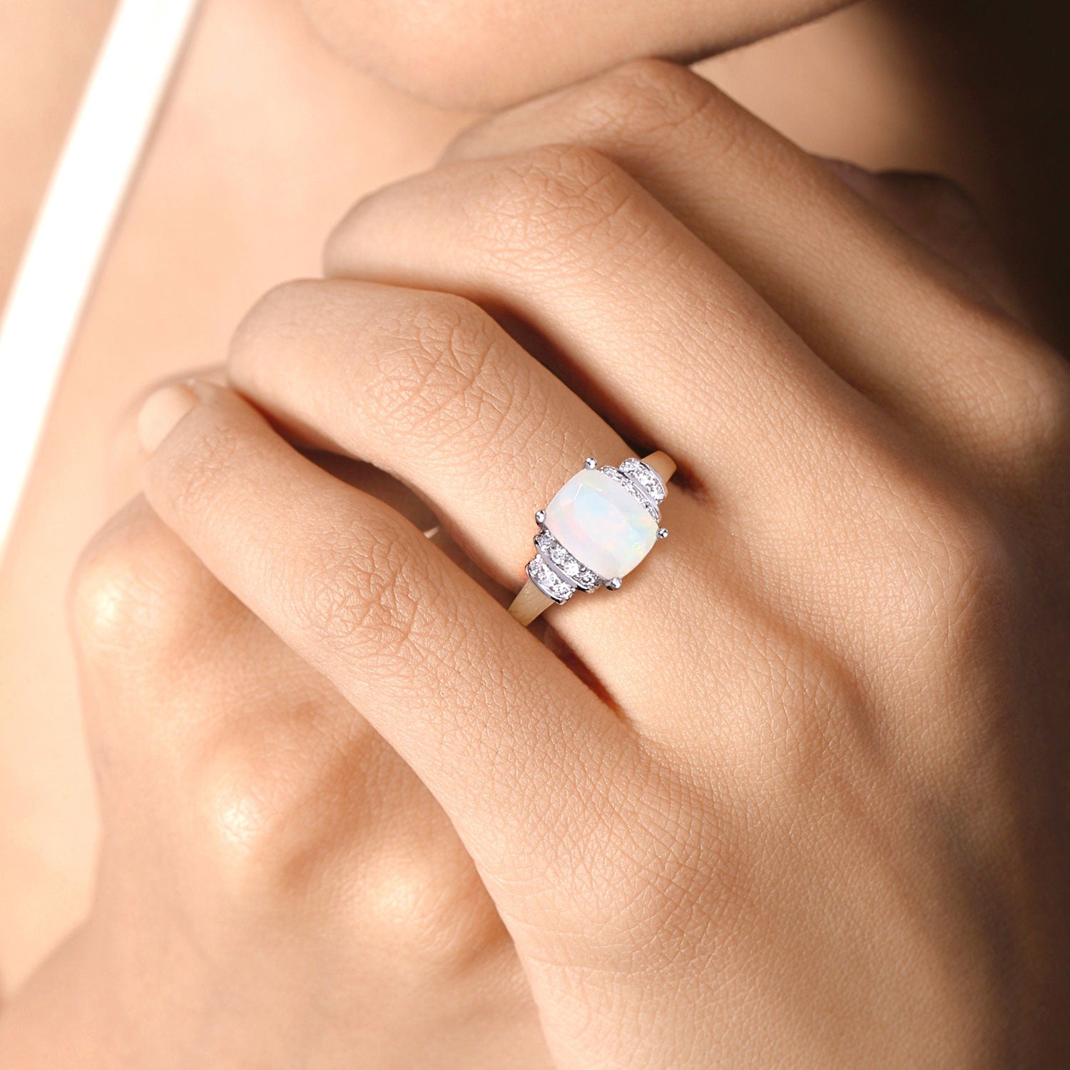 1.18 Ct Genuine Ethiopian Opal and Lab Diamond Sterling Silver Cushion Ring