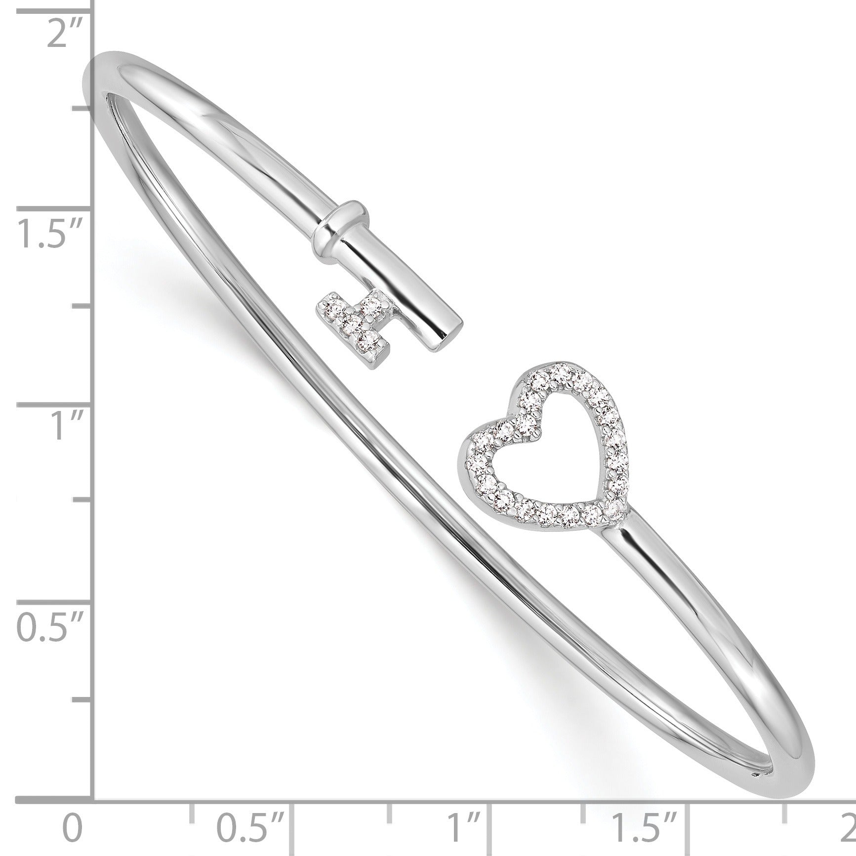 CZ Sterling Silver Heart and Key Flexible Slip On Bangle Bracelet