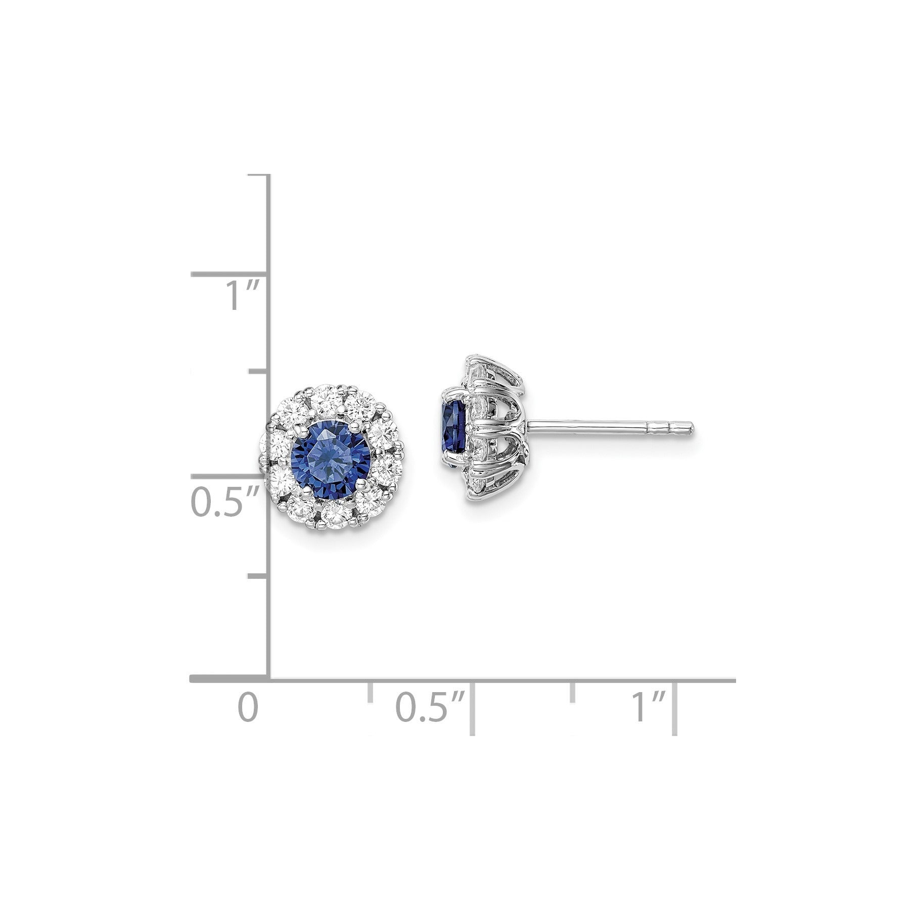 Round Blue Cubic Zirconia Prong Rhodium Plated Silver Halo Post Button Earrings