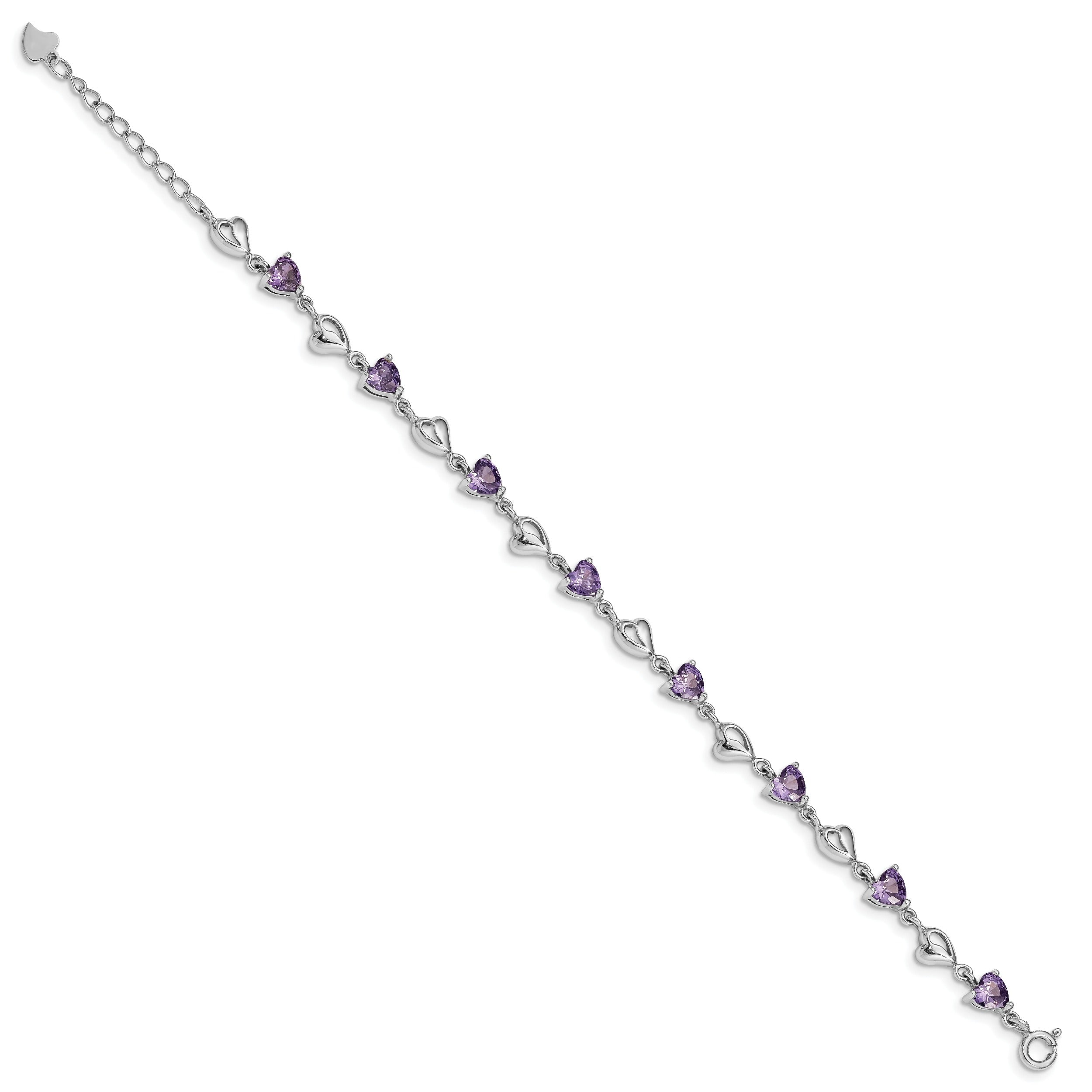 Silver bracelet with heart-shaped purple gemstones, handcrafted fine jewelry from Fine Color Jewels