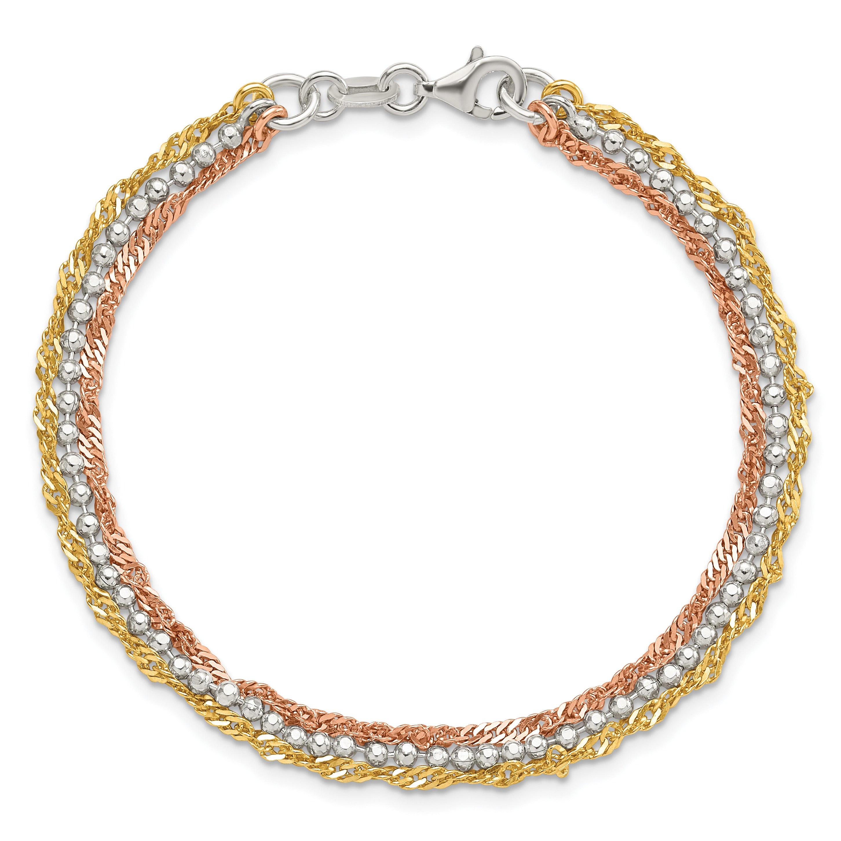 Silver Gold-tone and Rose Tone 3 Strand Unisex Chain Bracelet