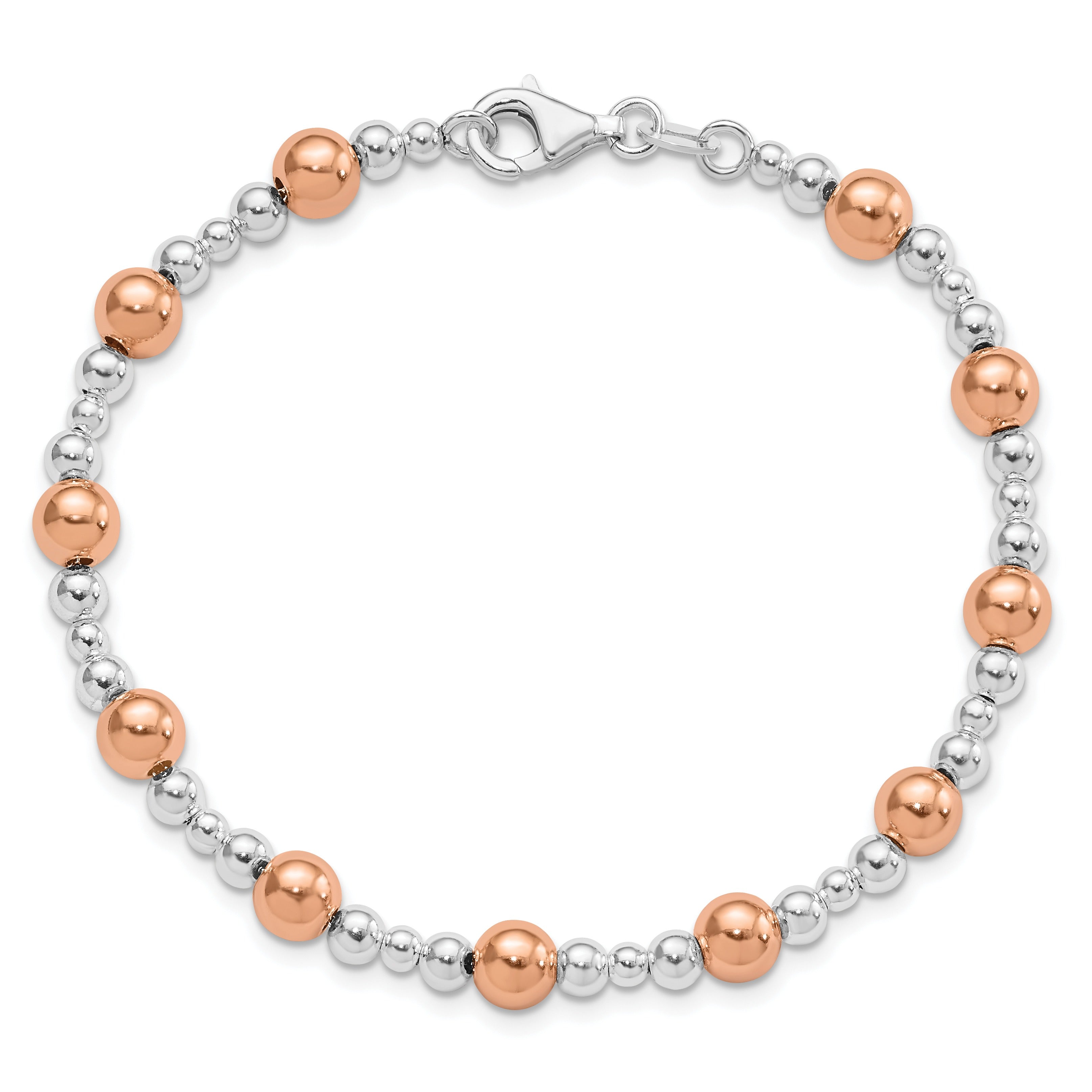 Two-Tone Rhodium and Rose-tone Round Silver Beaded Bracelet