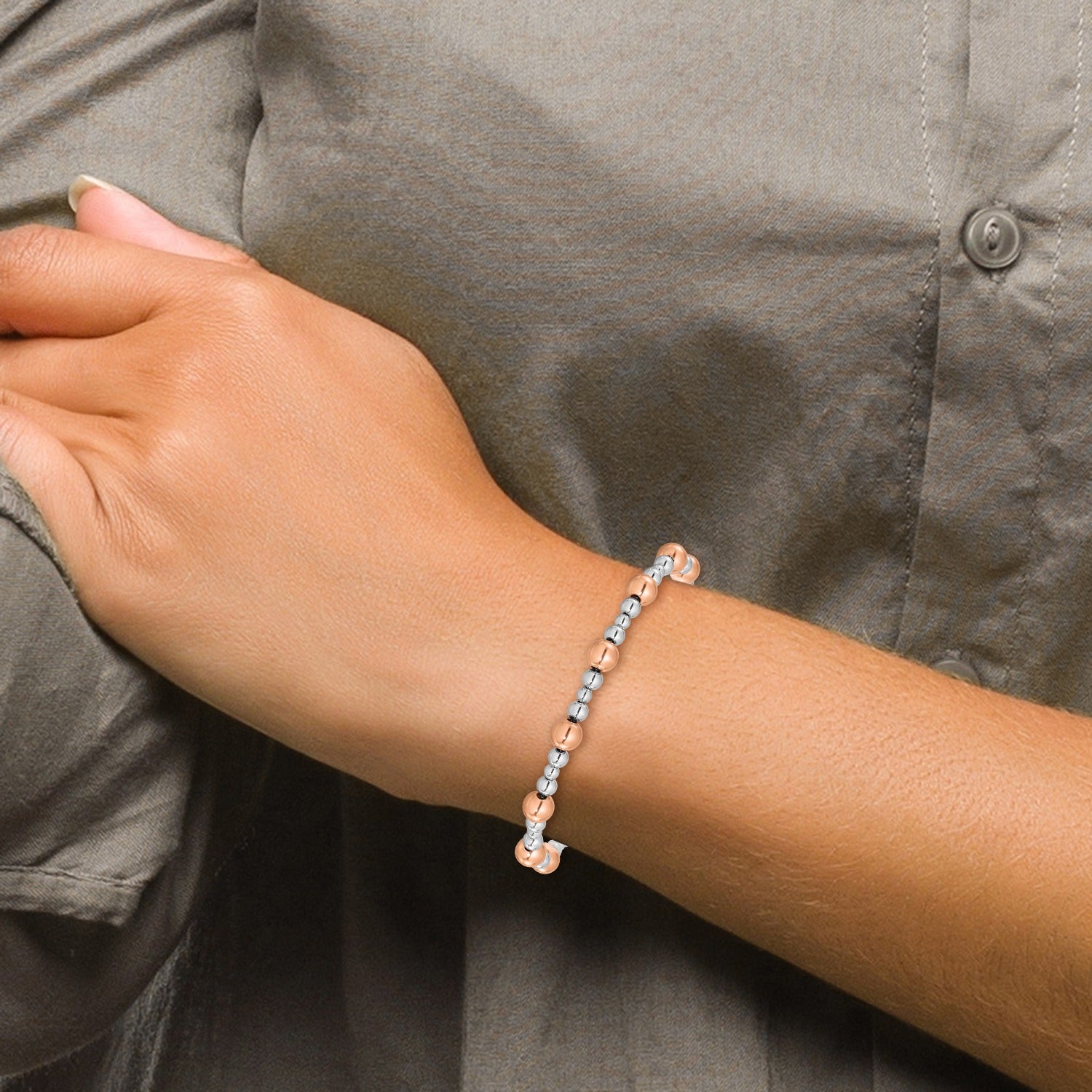 Two-Tone Rhodium and Rose-tone Round Silver Beaded Bracelet