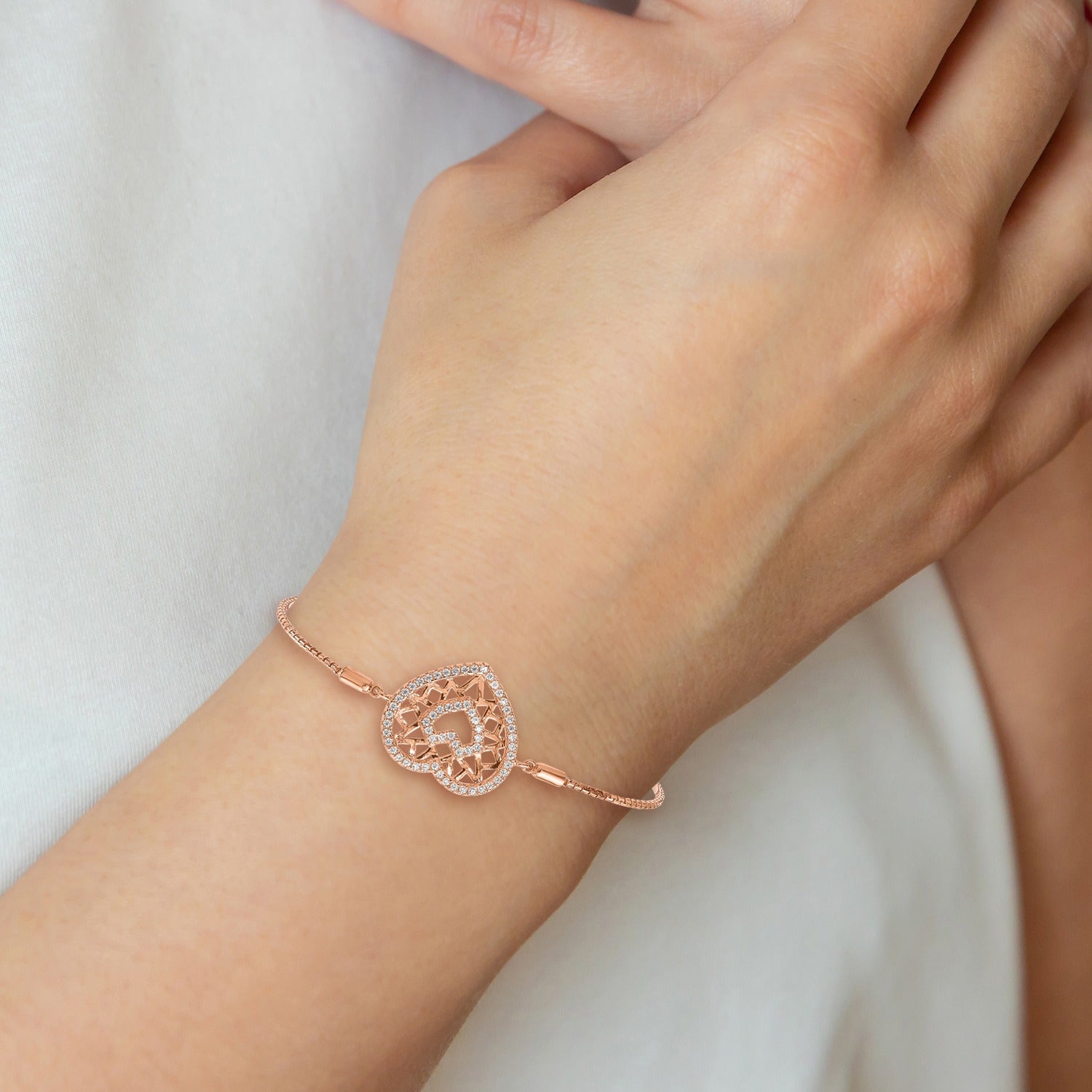 Cubic Zirconia Silver Rose Gold Plated Filigree Duble Heart Adjustable Bracelet