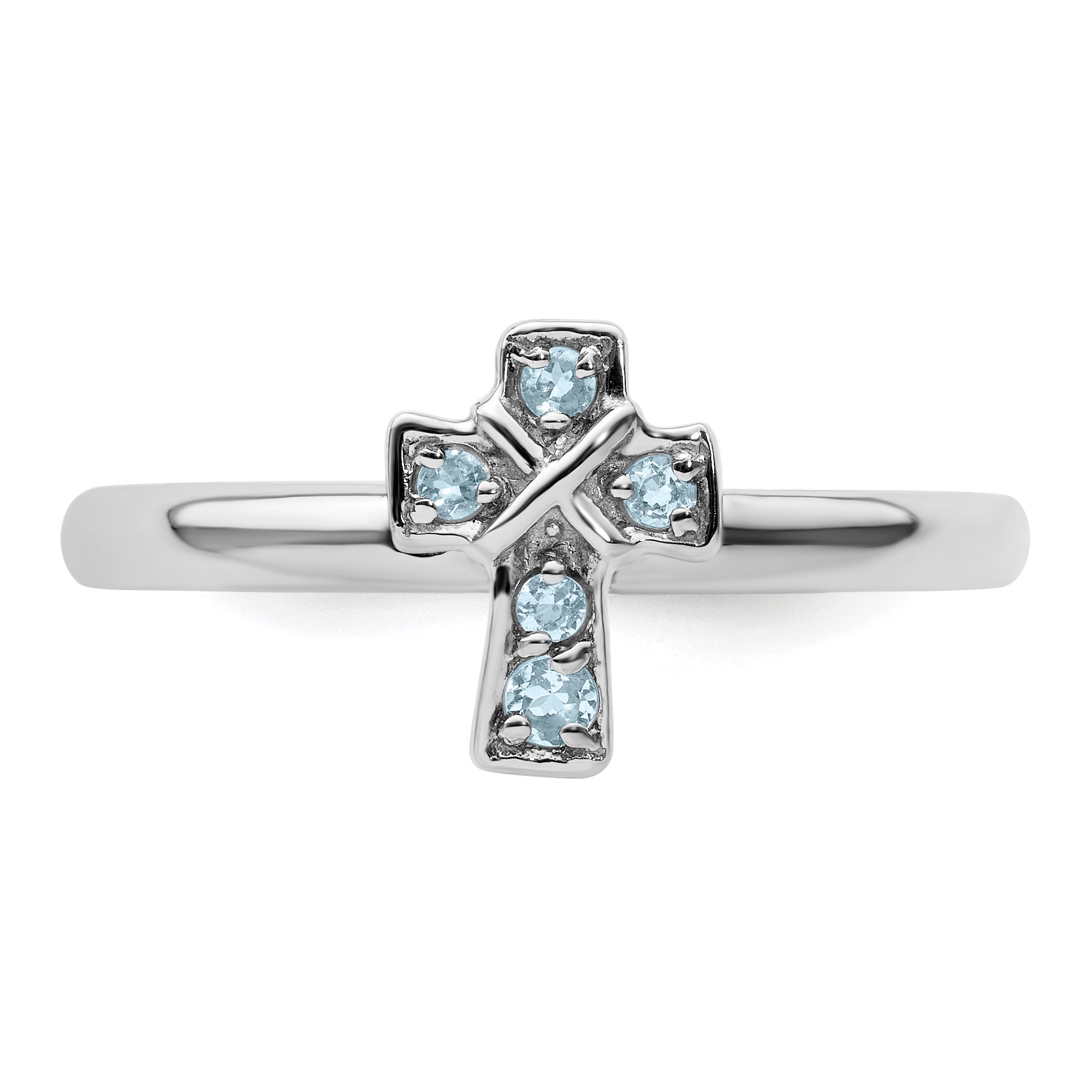 Natural Aquamarine Silver Stackable Cross Ring