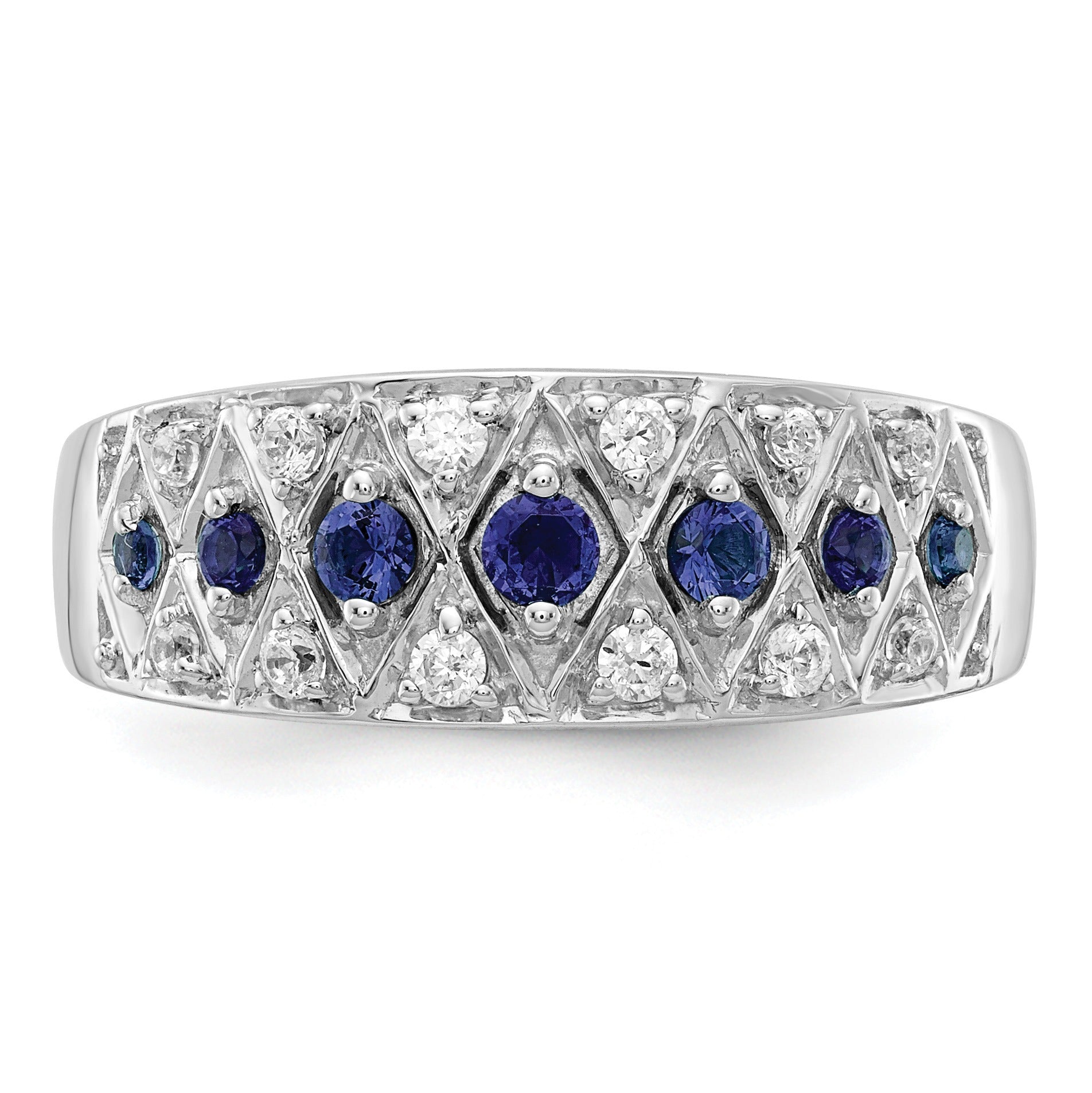 0.19 Ct Round Blue Sapphire And Diamond Prong 14K White Gold Eternity Band Ring