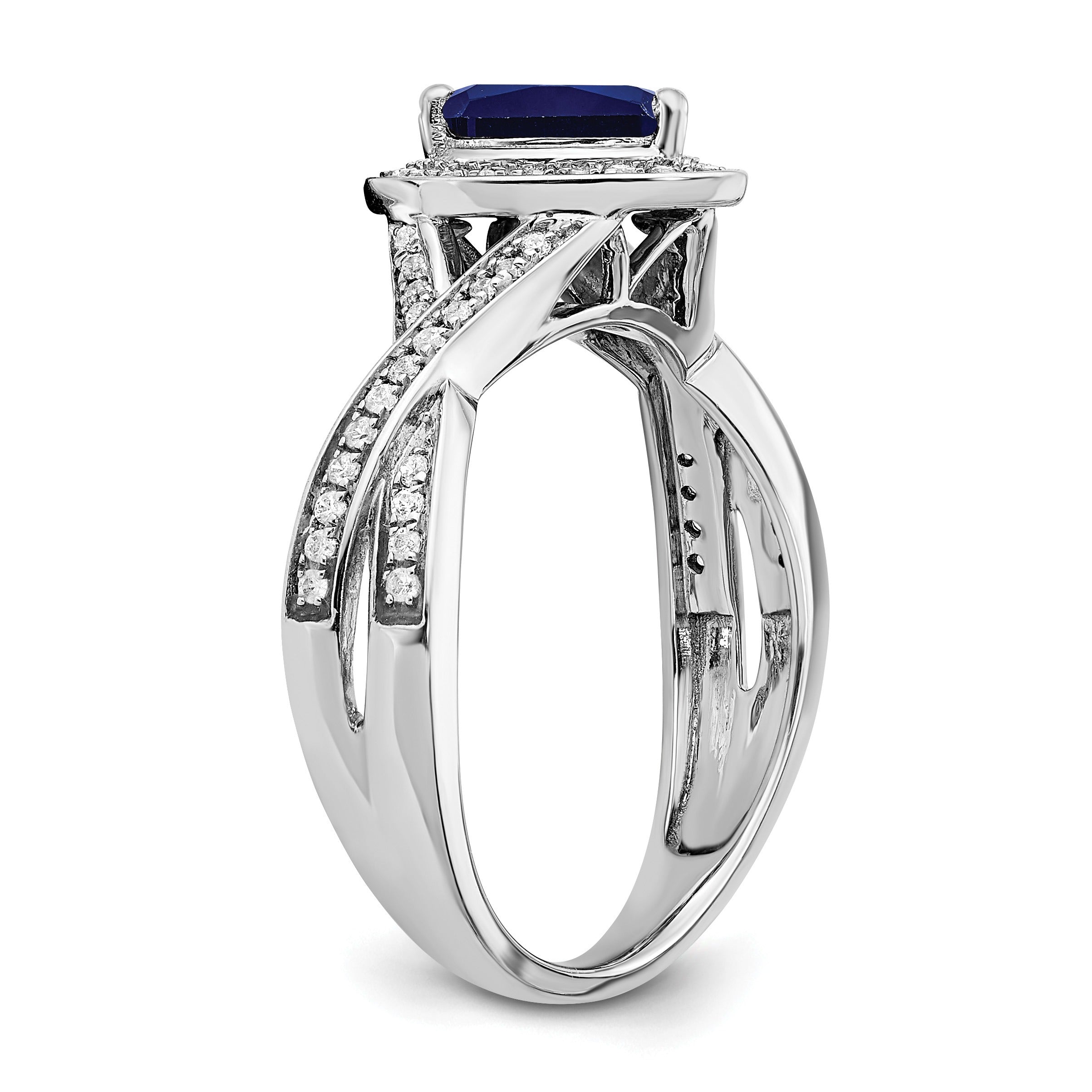 0.74 Ct Pear Blue Created Sapphire & Diamond Prong 14K White Gold Twisted Halo Ring