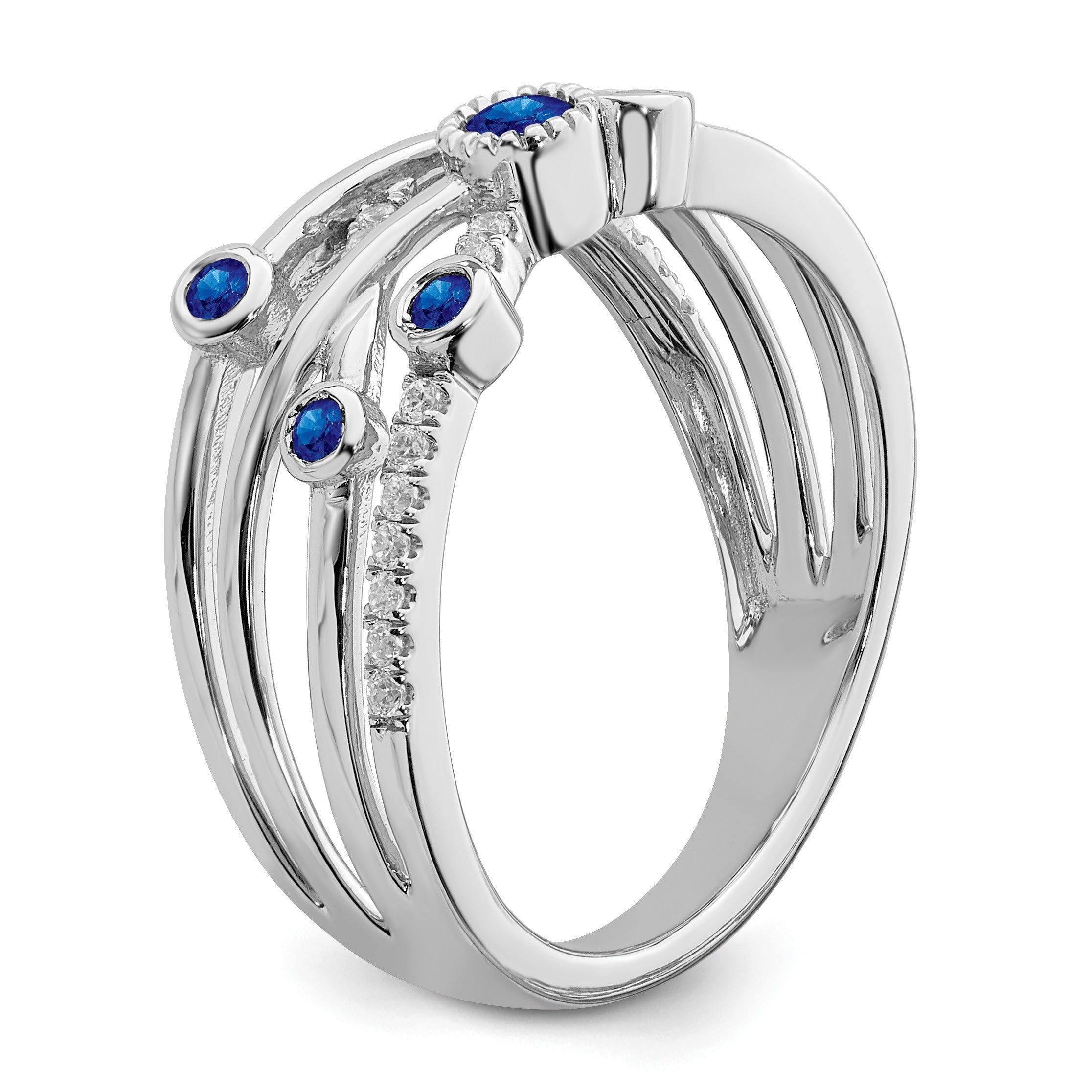 0.27 Ct Round Blue Sapphire Diamond White Gold Bezel Set Criss Cross Band Ring