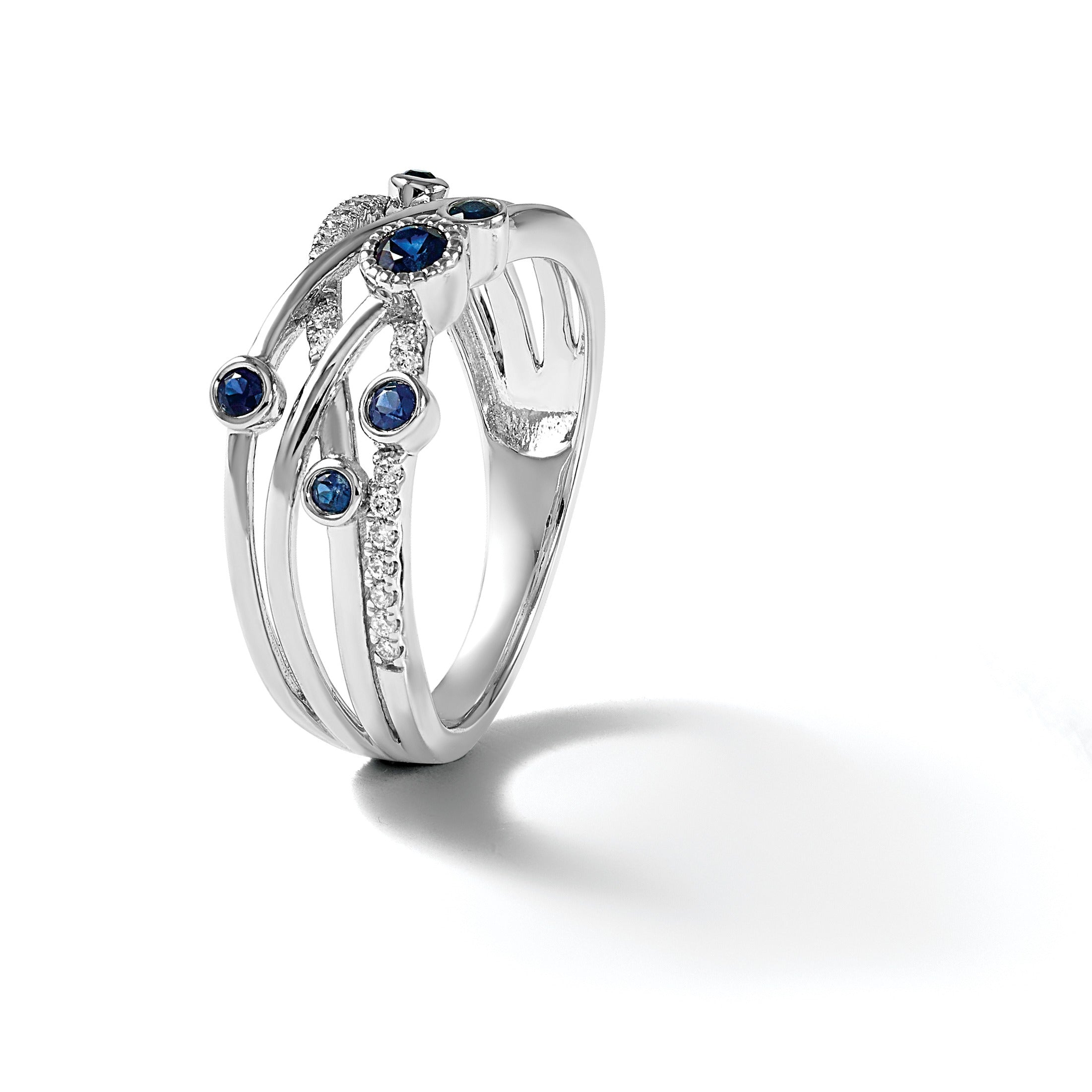 0.27 Ct Round Blue Sapphire Diamond White Gold Bezel Set Criss Cross Band Ring
