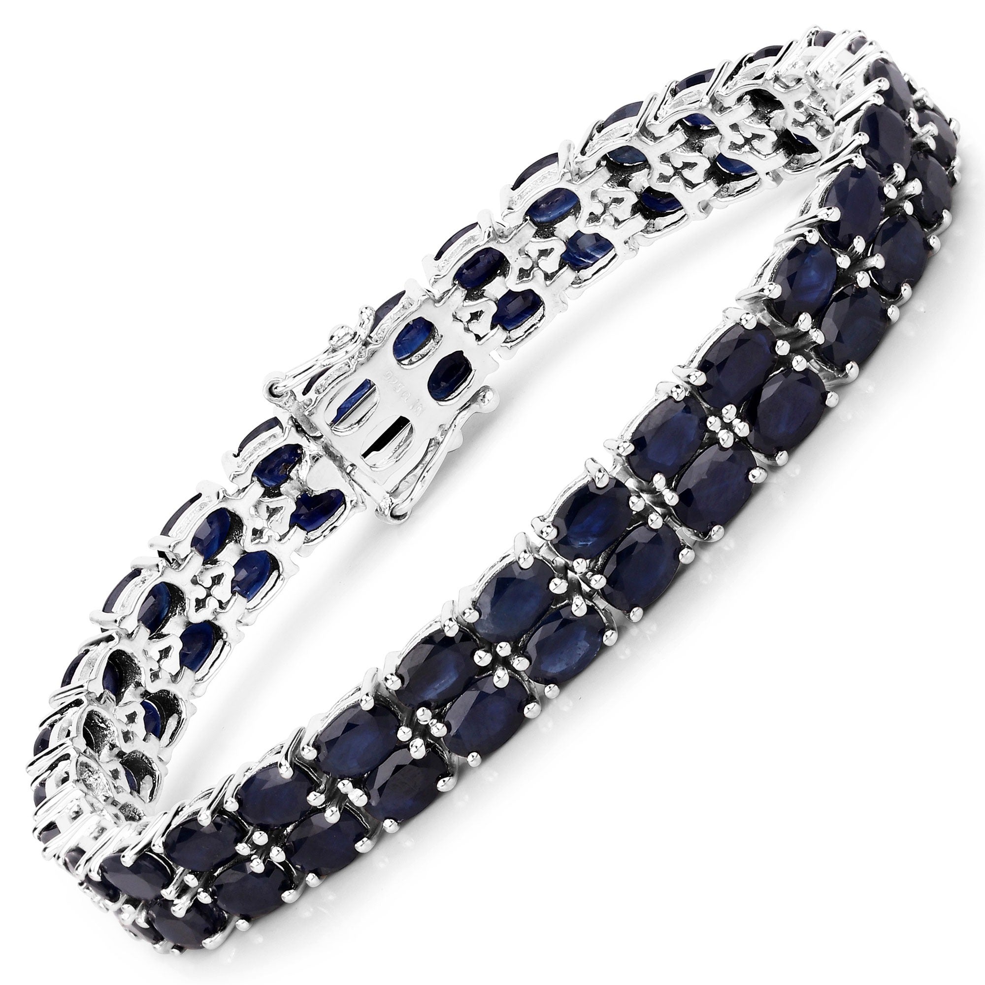 28.80 Ct Oval Blue Sapphire Prong Silver Two Row Tennis Bracelet