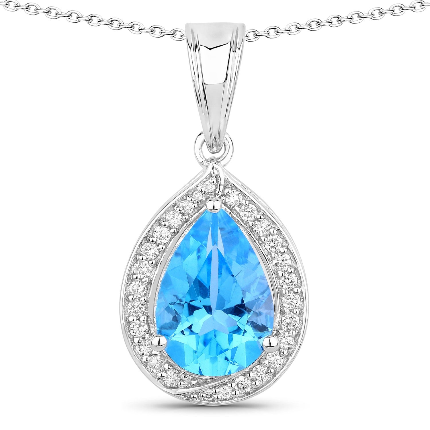 Genuine Swiss Blue Topaz and Lab Grown Diamond 925 Silver Necklace Fine Color Jewels