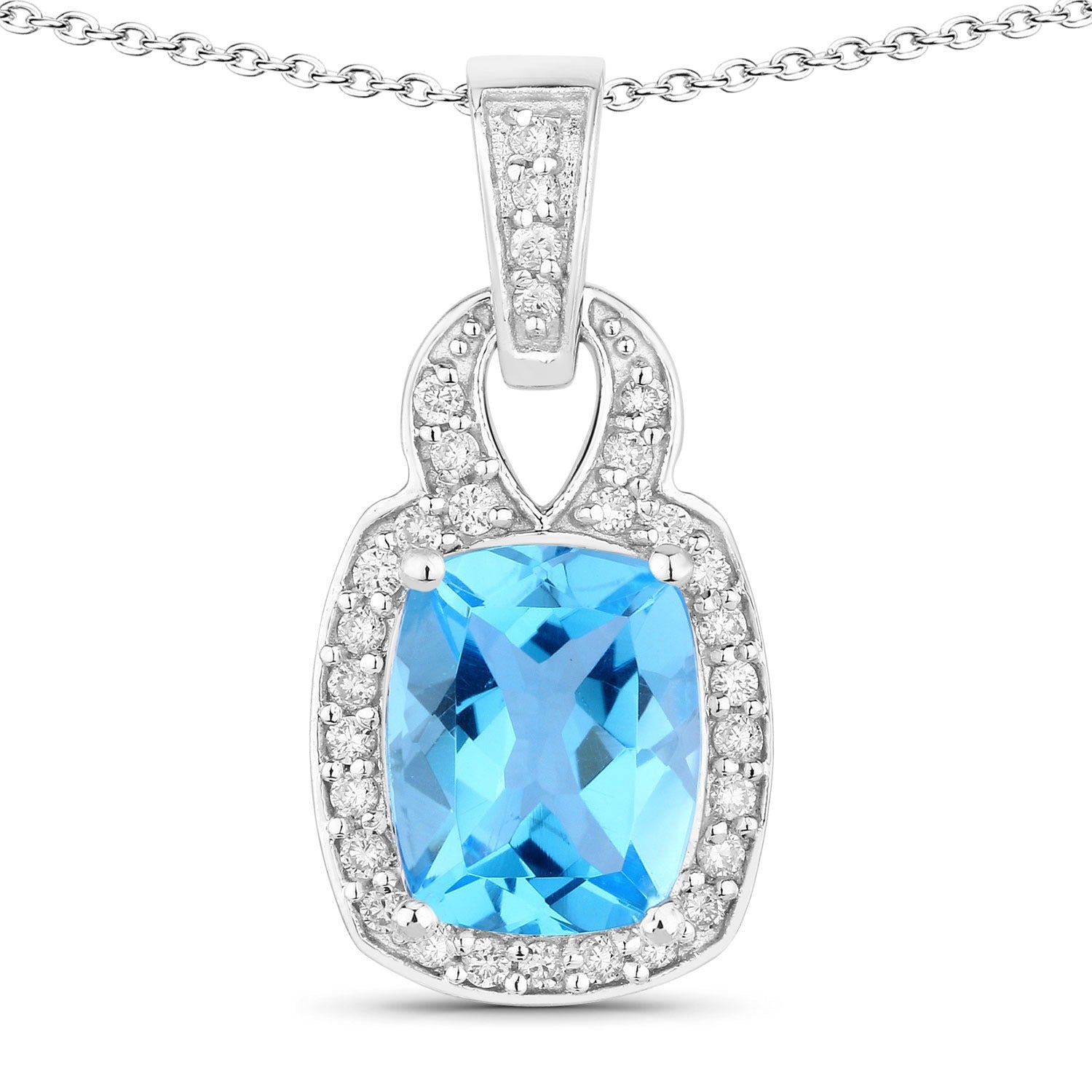 2.88 Ct Genuine Swiss Blue Topaz and Lab Diamond Silver Pendant Necklace