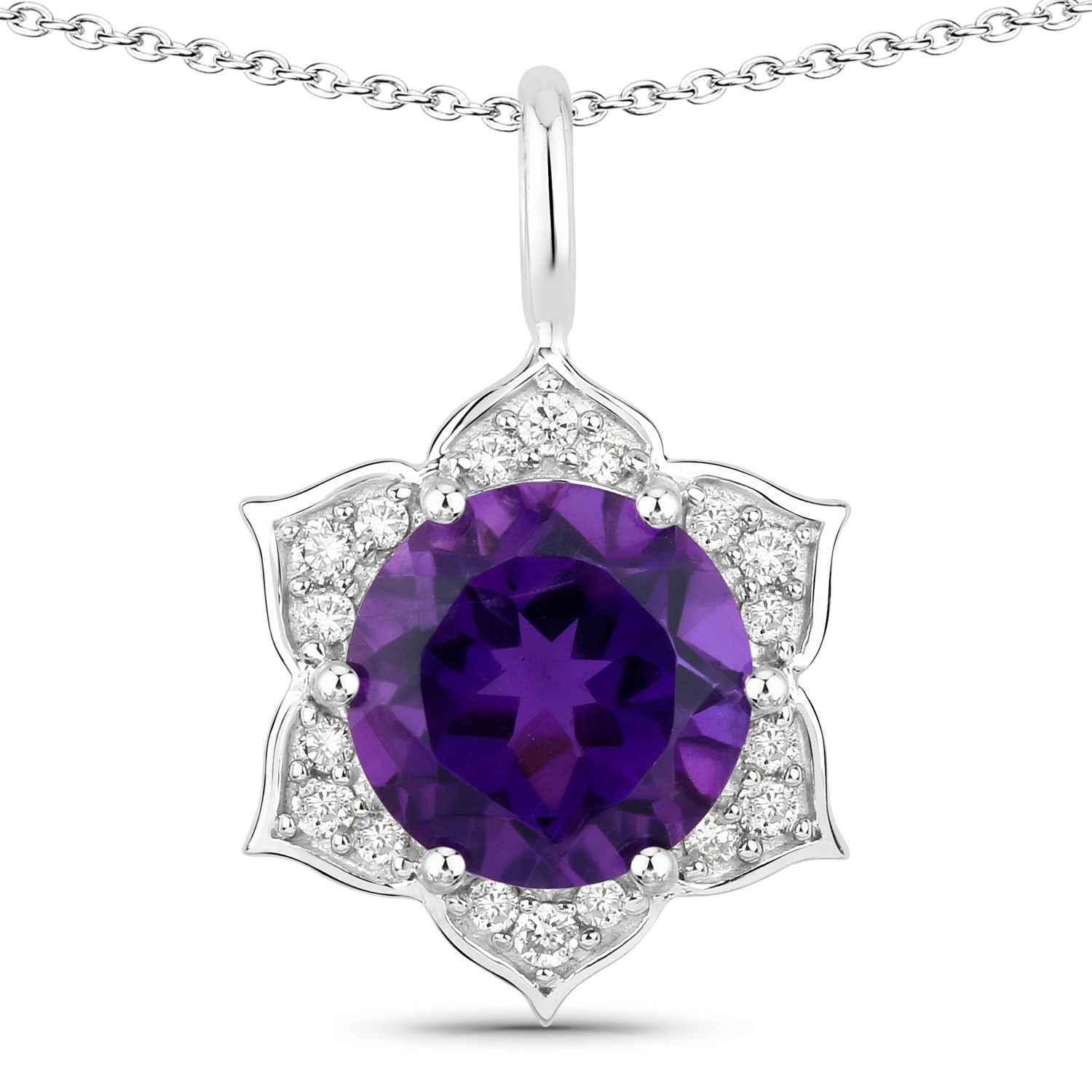 1.93 Ct Genuine Amethyst and Lab Diamond Silver Star Necklace