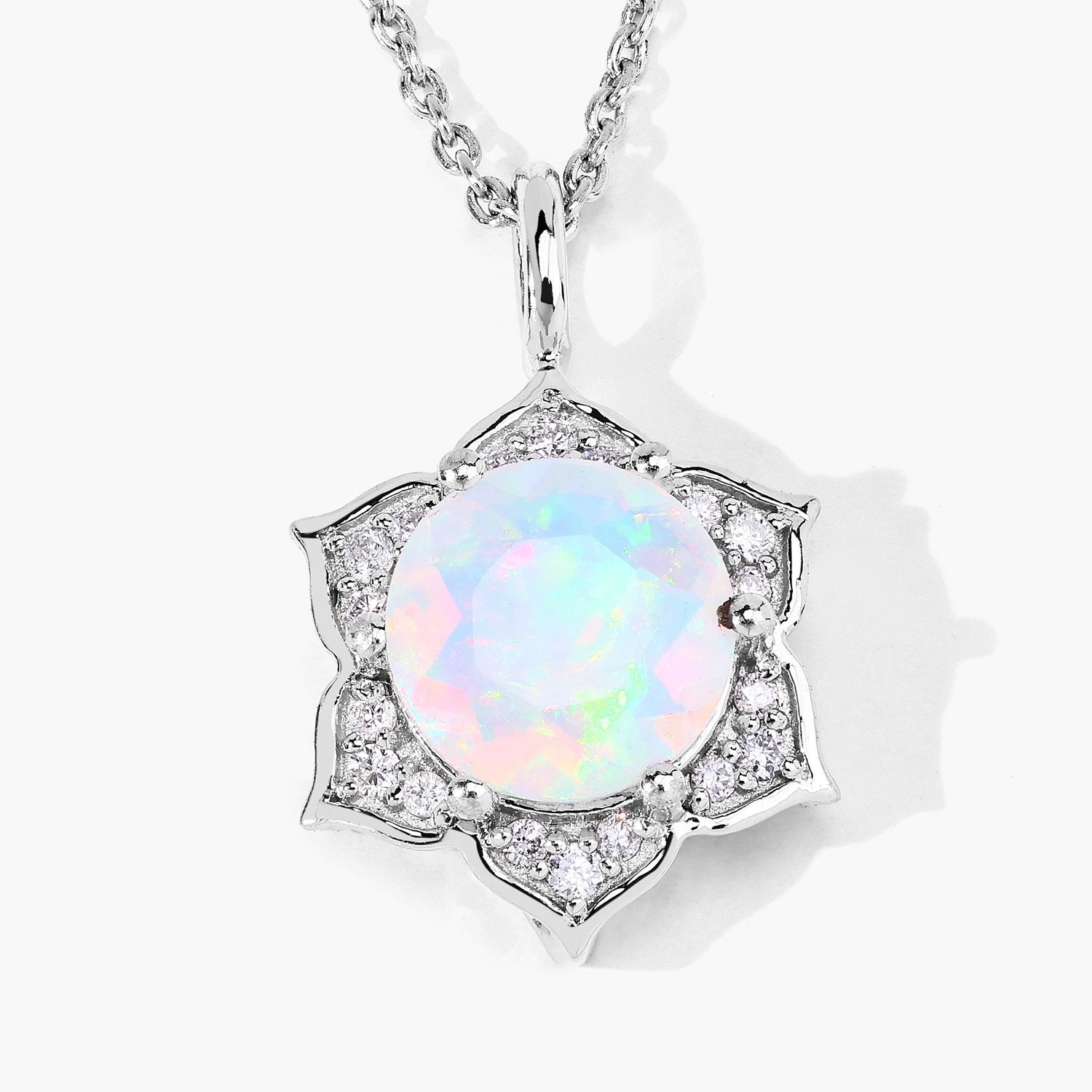 1.03 Ct Genuine Ethiopian Opal and Lab Diamond  Silver Star Necklace