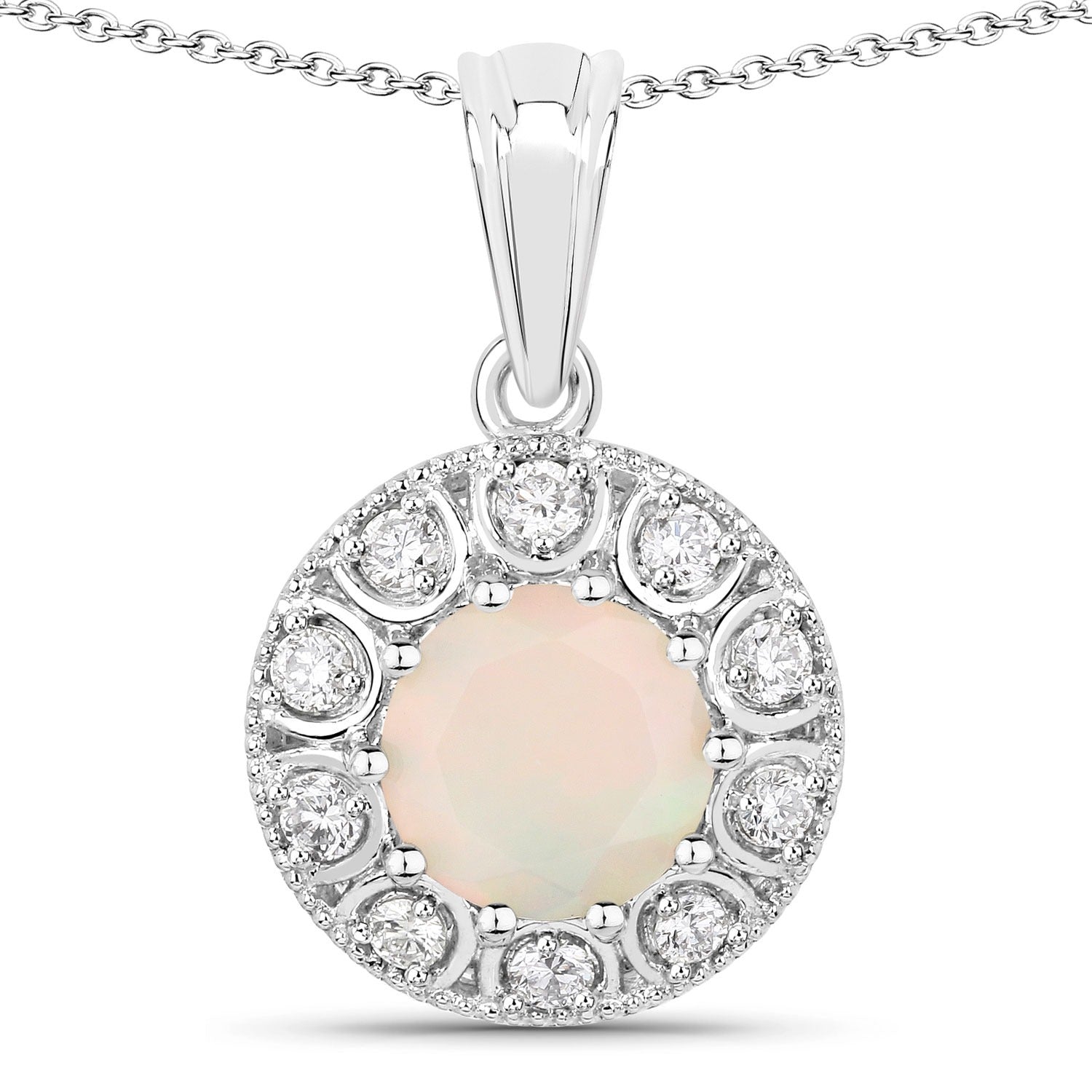 1.25 Ct Genuine Ethiopian Opal and Lab Diamond Silver Halo Necklace
