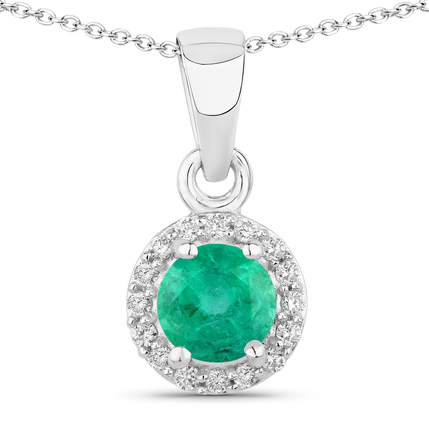 0.52 Ct Genuine Zambian Emerald and Lab Diamond Silver Round Necklace