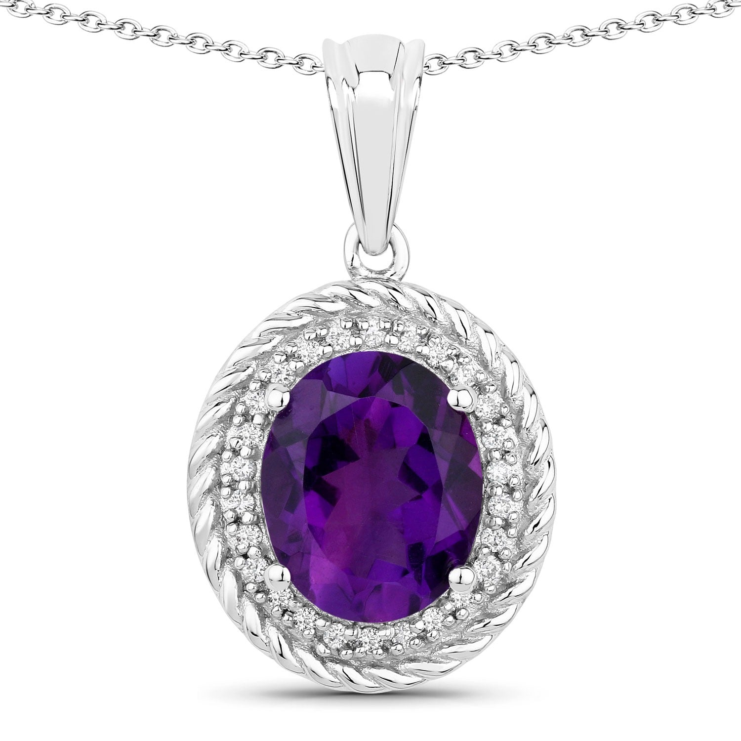 3.36 C Genuine Amethyst and Lab Diamond Silver Oval Necklace