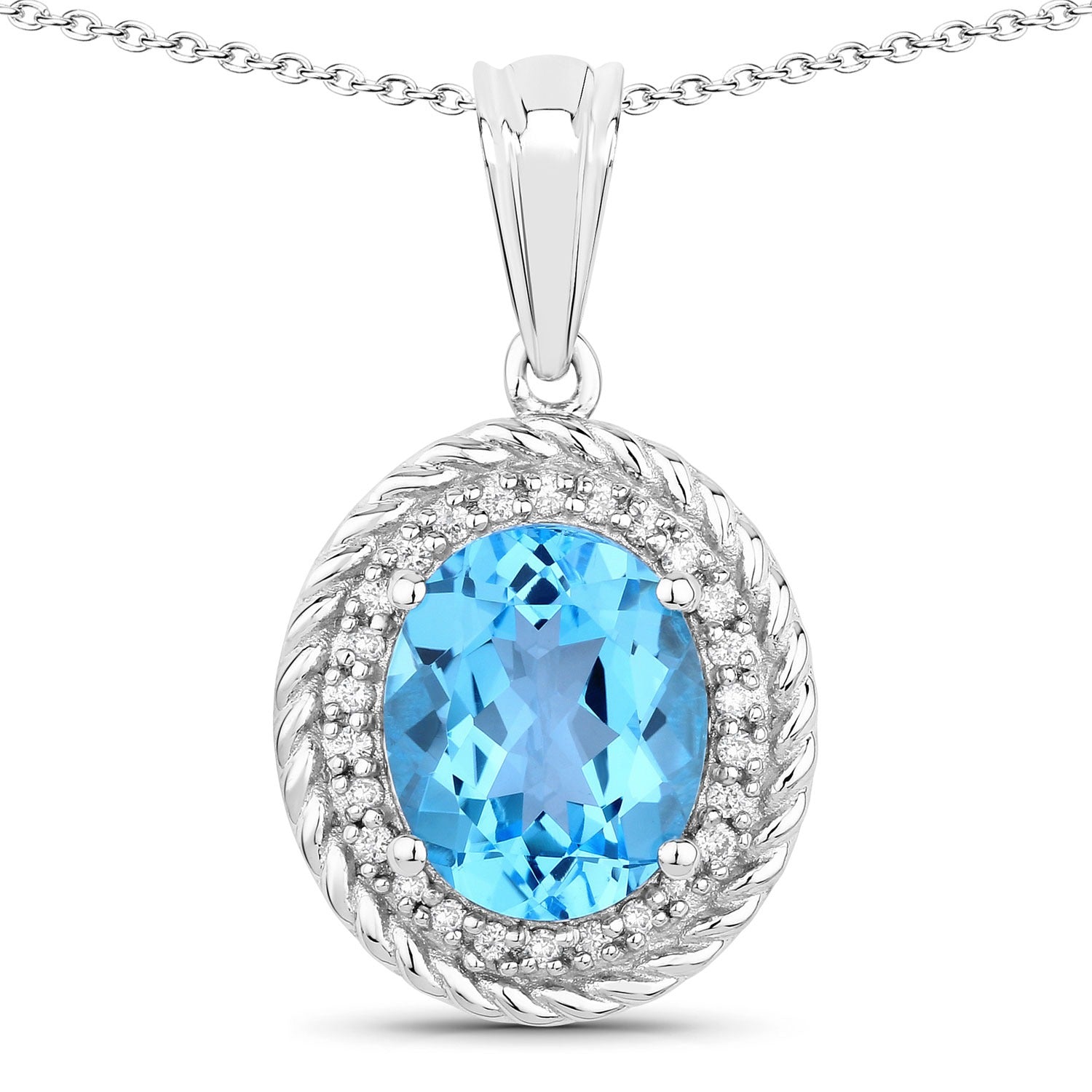 4.16 Ct Genuine Swiss Blue Topaz and Lab Diamond Silver Oval Necklace