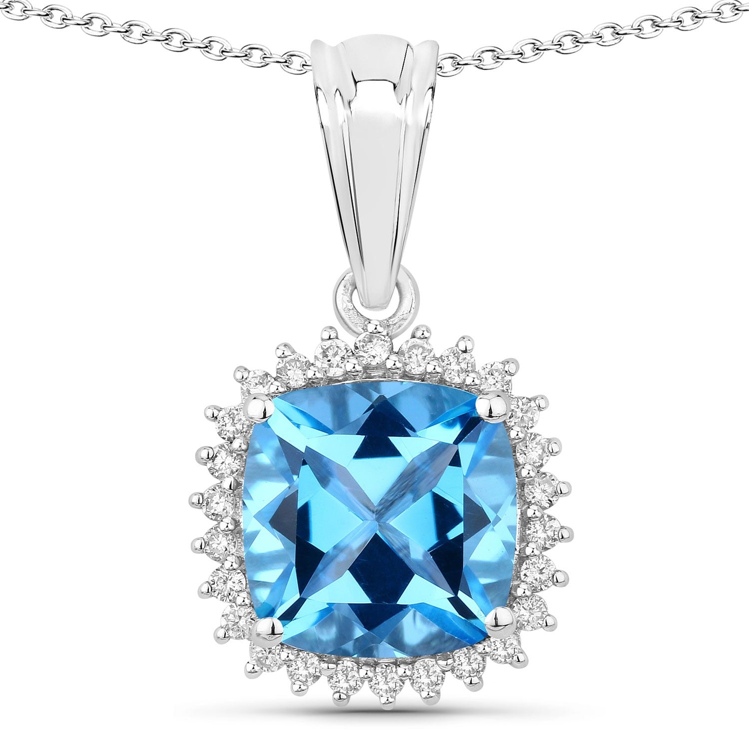 3.60 Ct Genuine Swiss Blue Topaz and Lab Diamond Silver Cushion Necklace