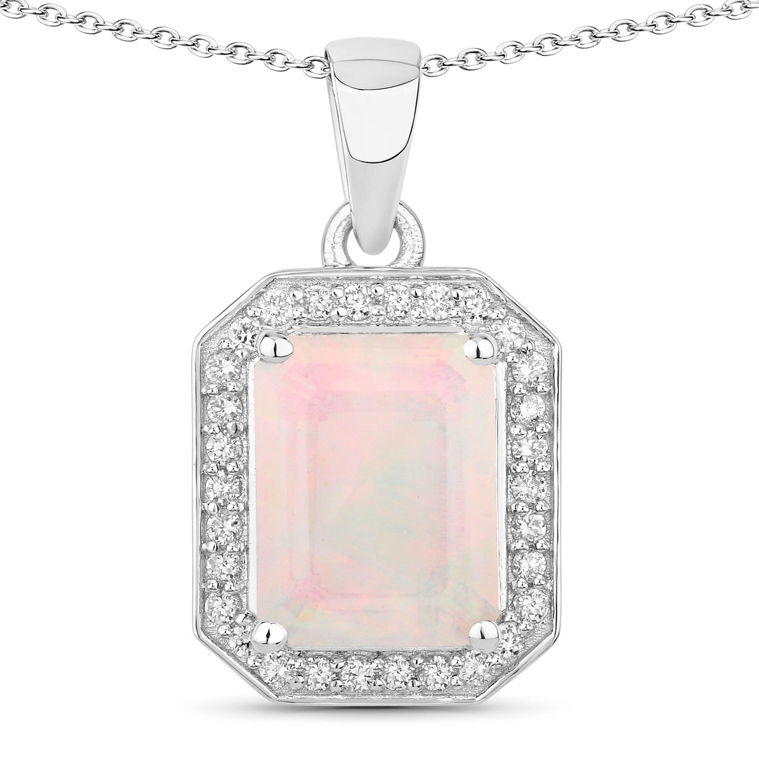 1.39 Ct Genuine Ethiopian Opal and Lab Diamond Silver Halo Necklace